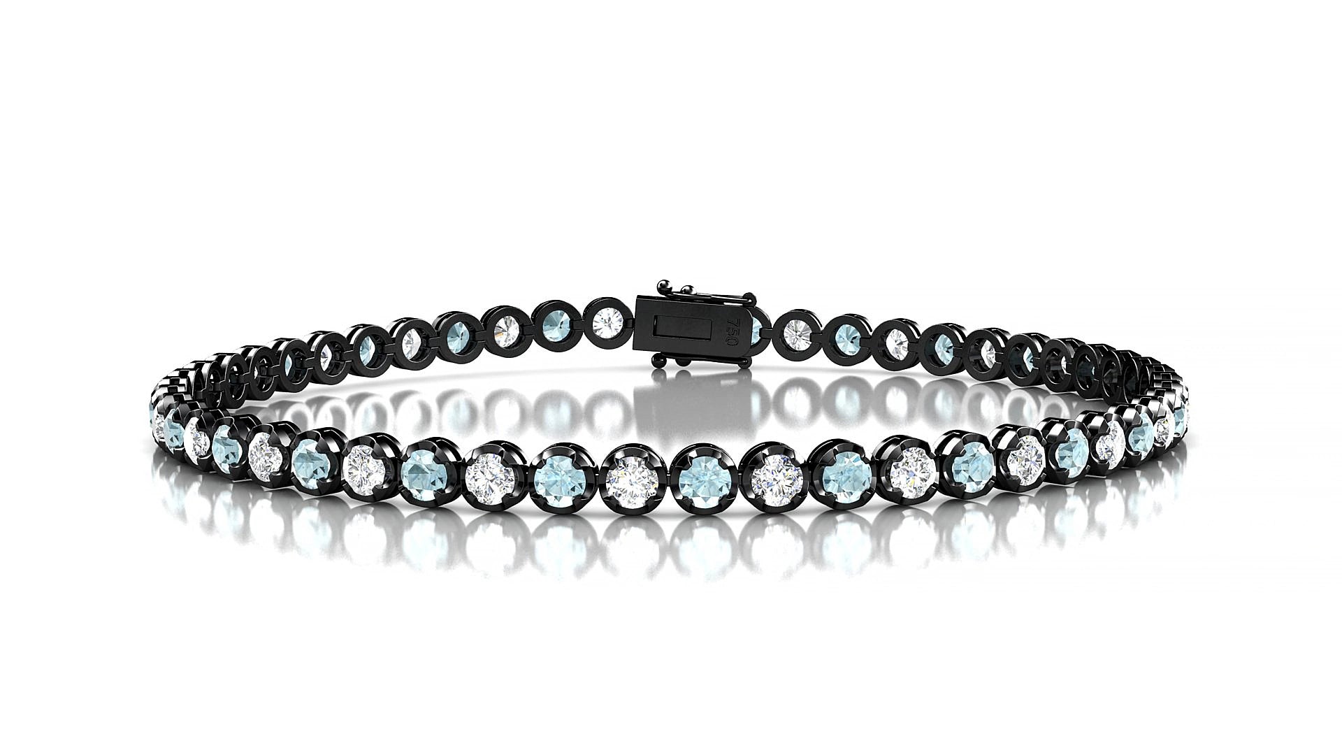 Bengal 1-1 | 18k Black Gold 2.5 mm Round Natural Aquamarine & Diamond 15 cm Tennis Bracelet