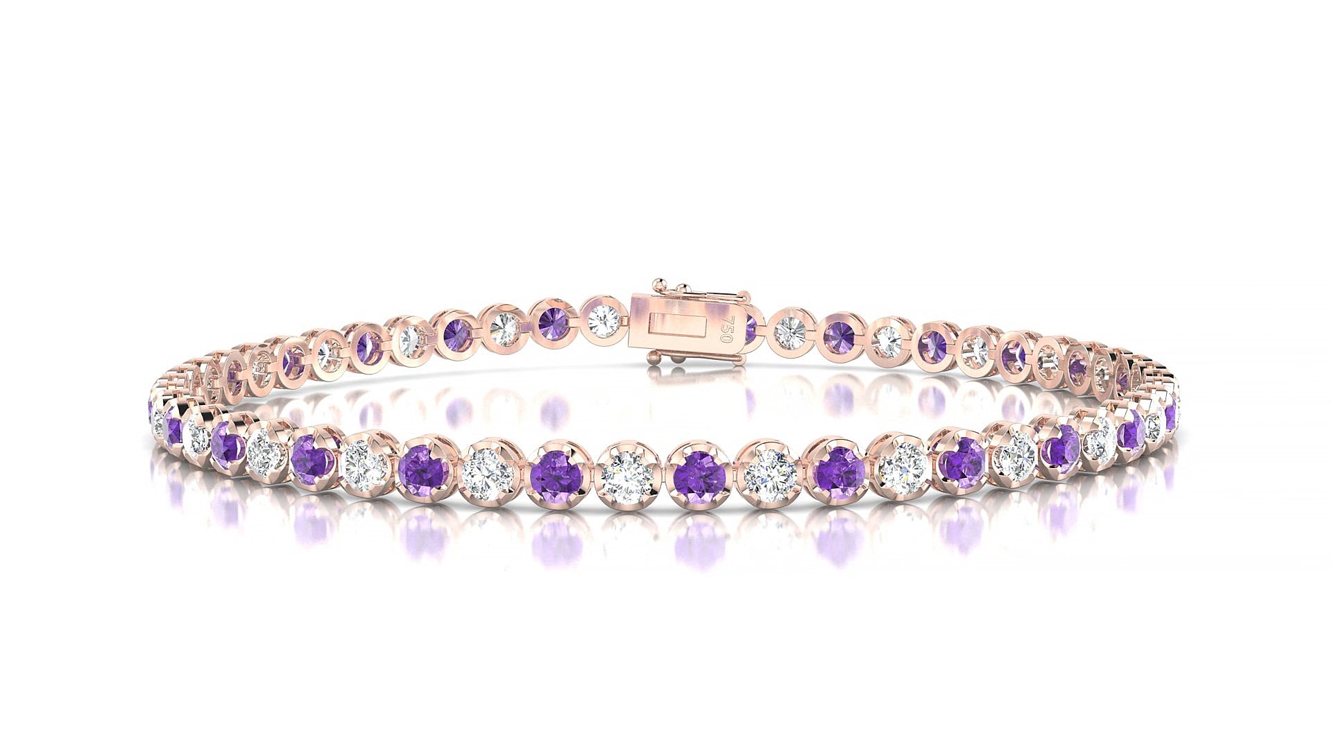 Bengal 1-1 | 18k Rose Gold 2.5 mm Round Natural Amethyst & Diamond 15 cm Tennis Bracelet