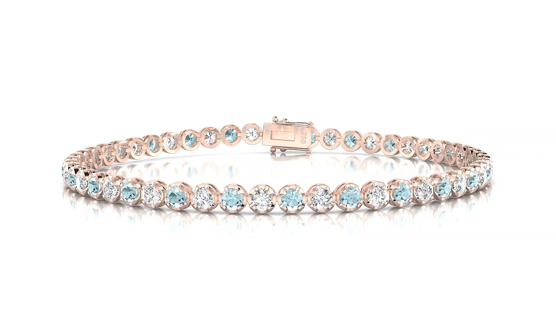 Bengal 1-1 | 18k Rose Gold 2.5 mm Round Natural Aquamarine & Diamond Tennis Bracelet