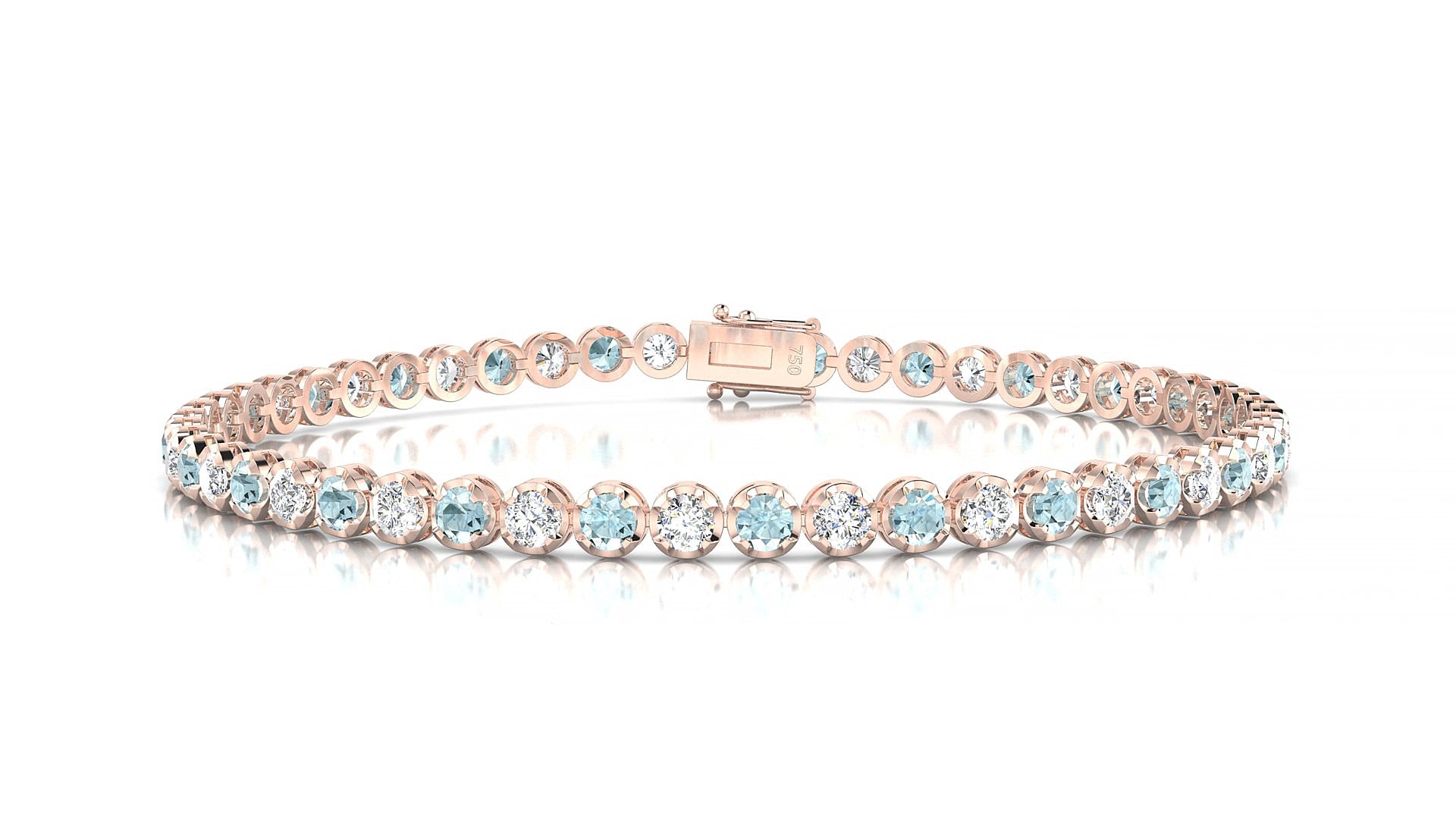 Bengal 1-1 | 18k Rose Gold 2.5 mm Round Natural Aquamarine & Diamond 17 cm Tennis Bracelet
