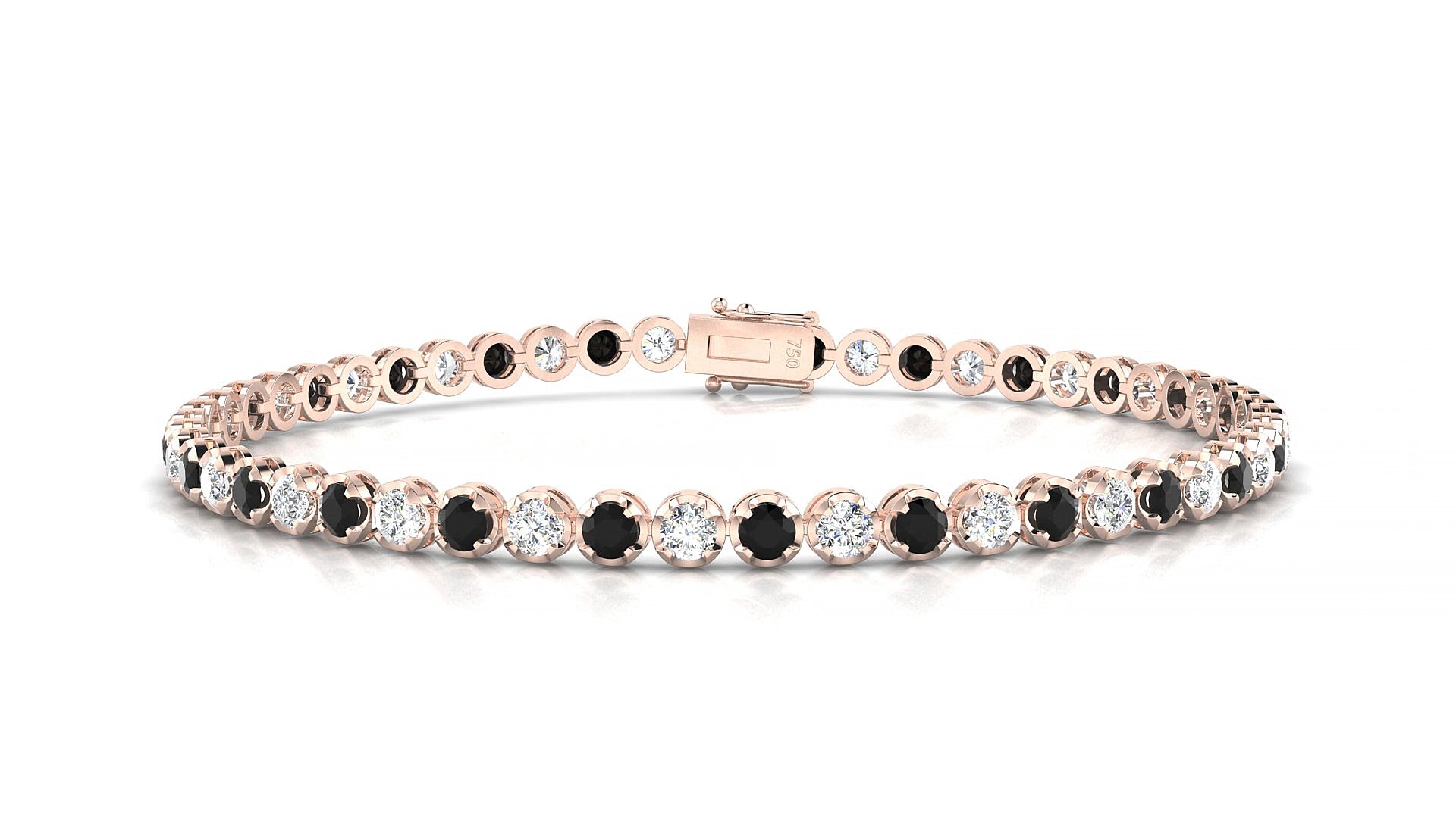 Bengal 1-1 | 18k Rose Gold 2.5 mm Round Natural Black Diamond & Diamond 15 cm Tennis Bracelet