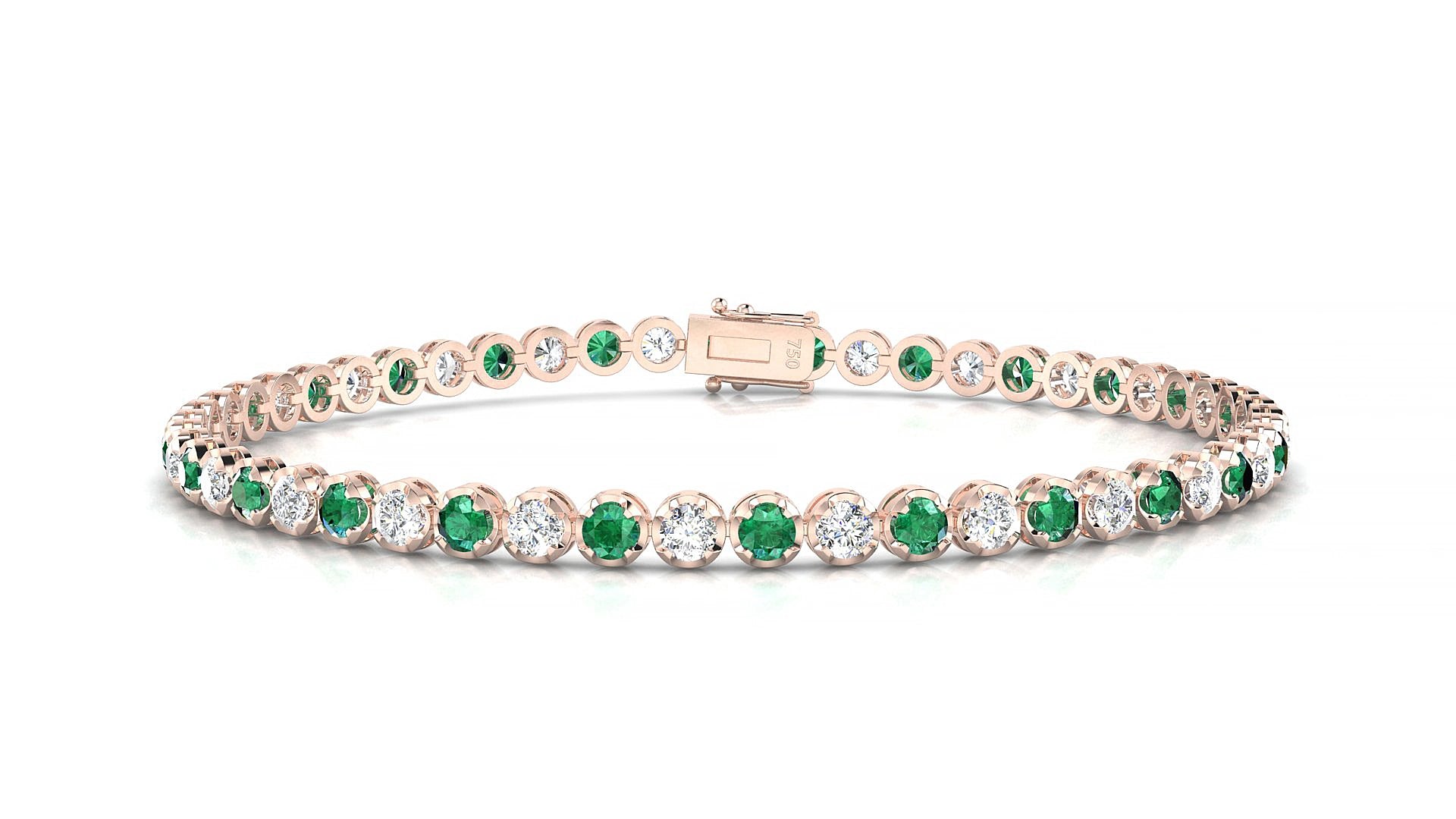 Bengal 1-1 | 18k Rose Gold 2.5 mm Round Natural Emerald & Diamond 15 cm Tennis Bracelet