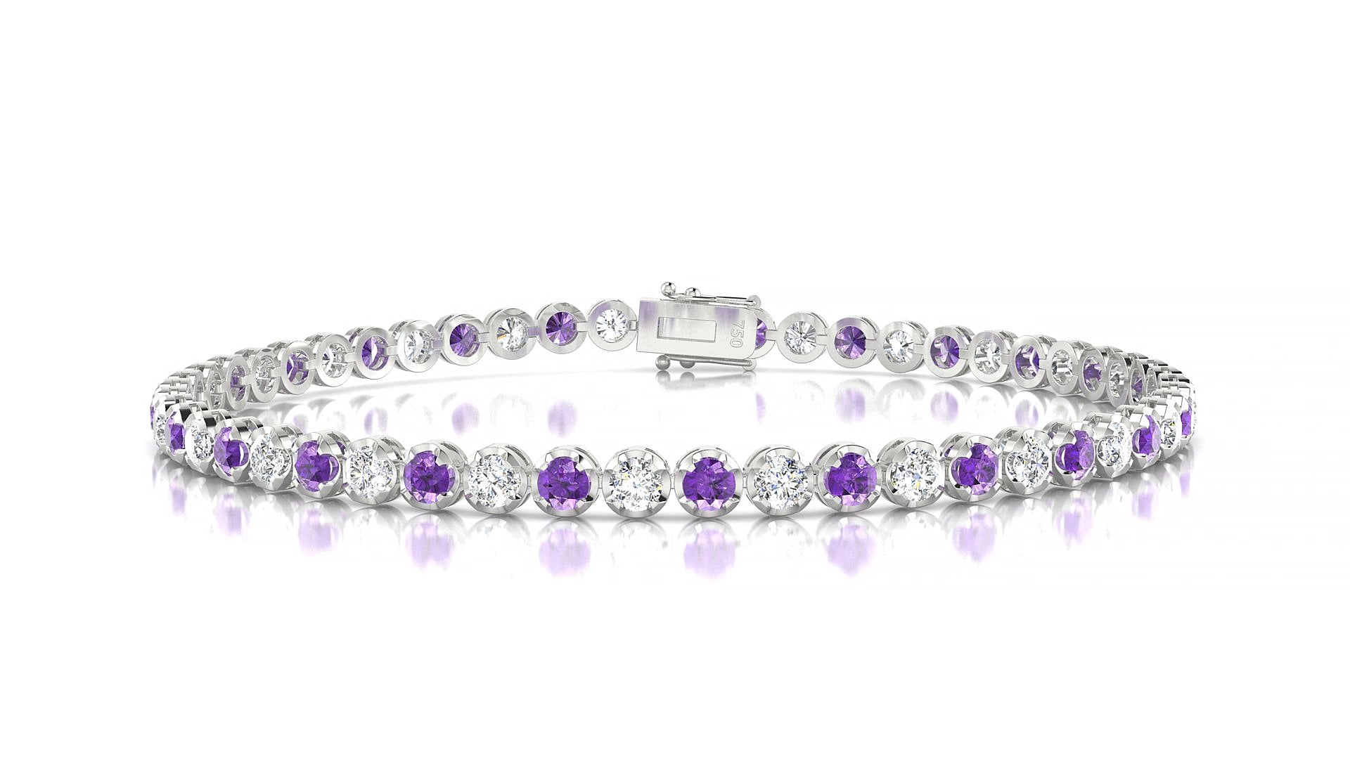 Bengal 1-1 | 18k White Gold 2.5 mm Round Natural Amethyst & Diamond 18 cm Tennis Bracelet