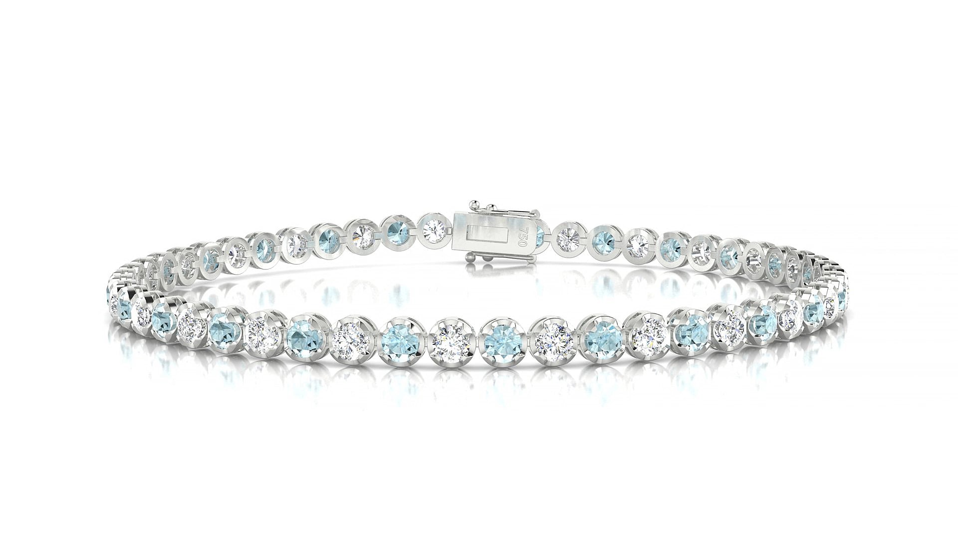Bengal 1-1 | 18k White Gold 2.5 mm Round Natural Aquamarine & Diamond 15 cm Tennis Bracelet