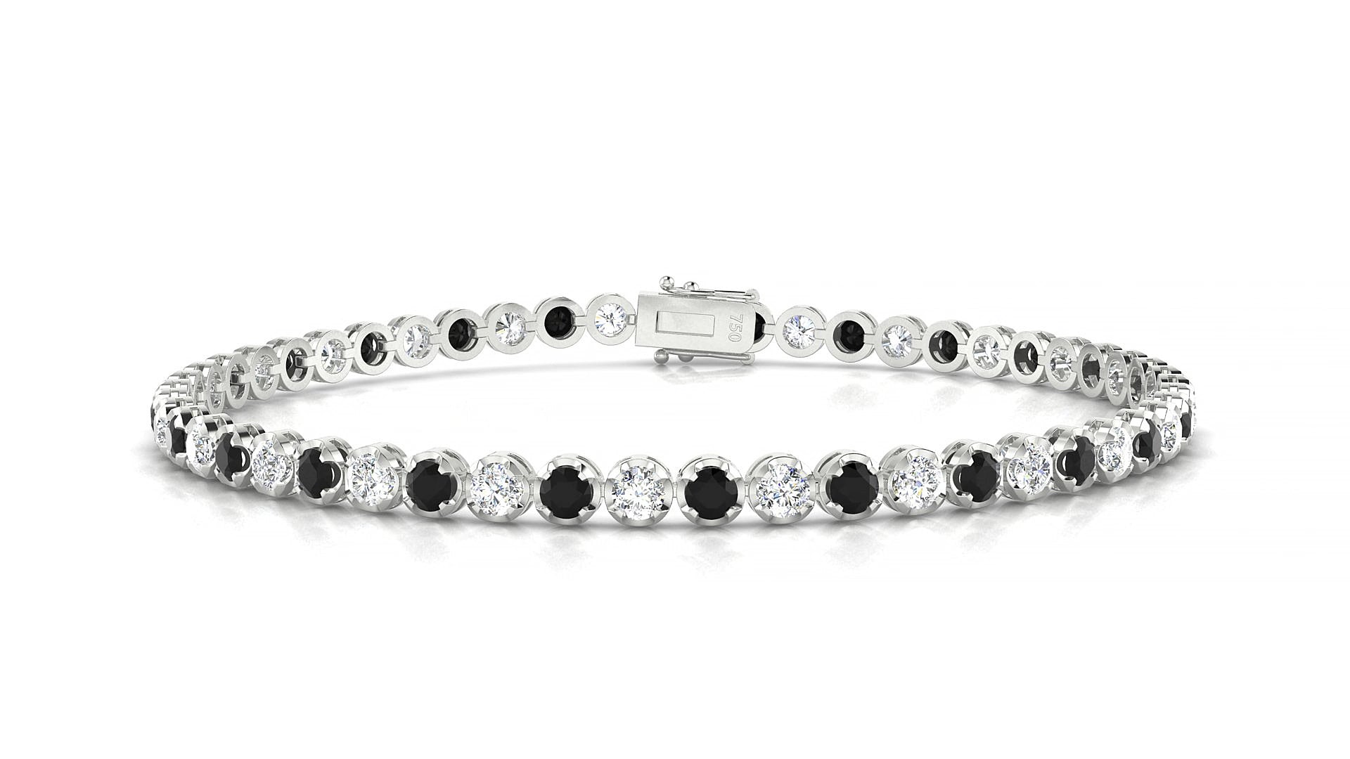 Bengal 1-1 | 18k White Gold 2.5 mm Round Natural Black Diamond & Diamond 15 cm Tennis Bracelet
