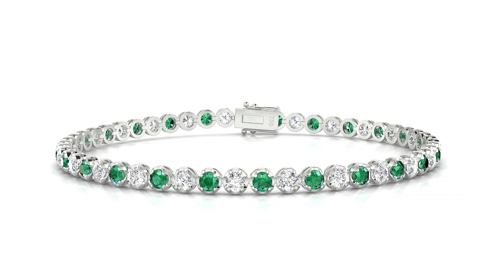 Bengal 1-1 | 18k White Gold 2.5 mm Round Natural Emerald & Diamond 15 cm Tennis Bracelet