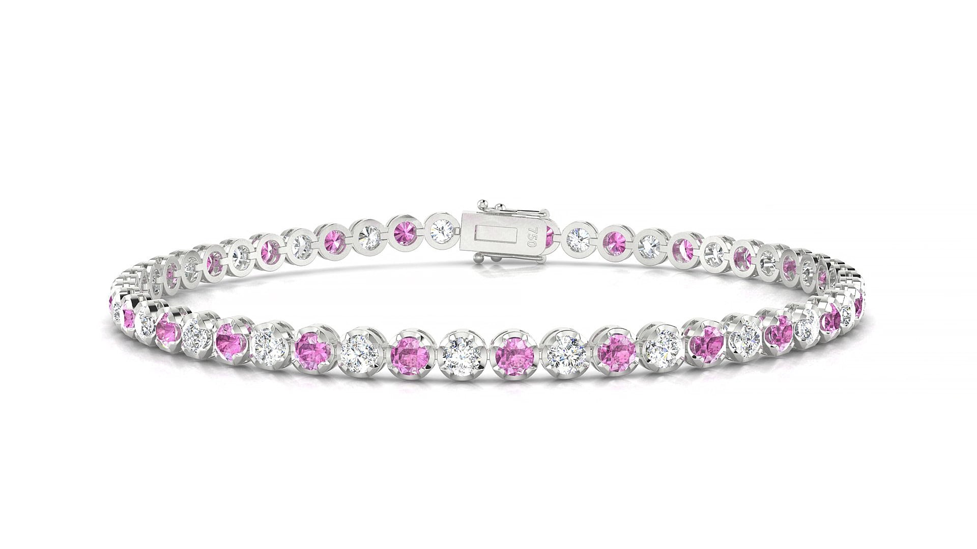 Bengal 1-1 | 18k White Gold 2.5 mm Round Natural Pink Sapphire & Diamond 15 cm Tennis Bracelet