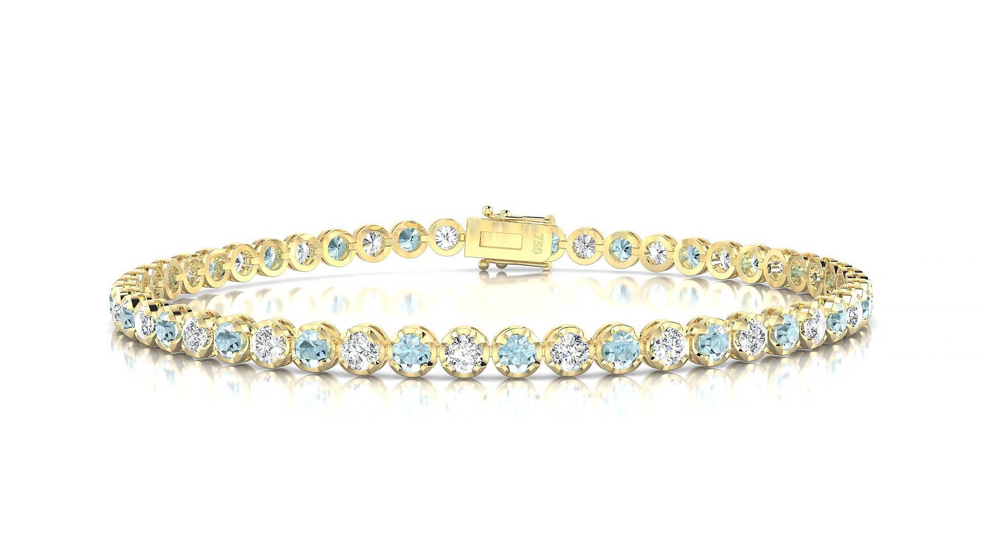 Bengal 1-1 | 18k Yellow Gold 2.5 mm Round Natural Aquamarine & Diamond 15 cm Tennis Bracelet