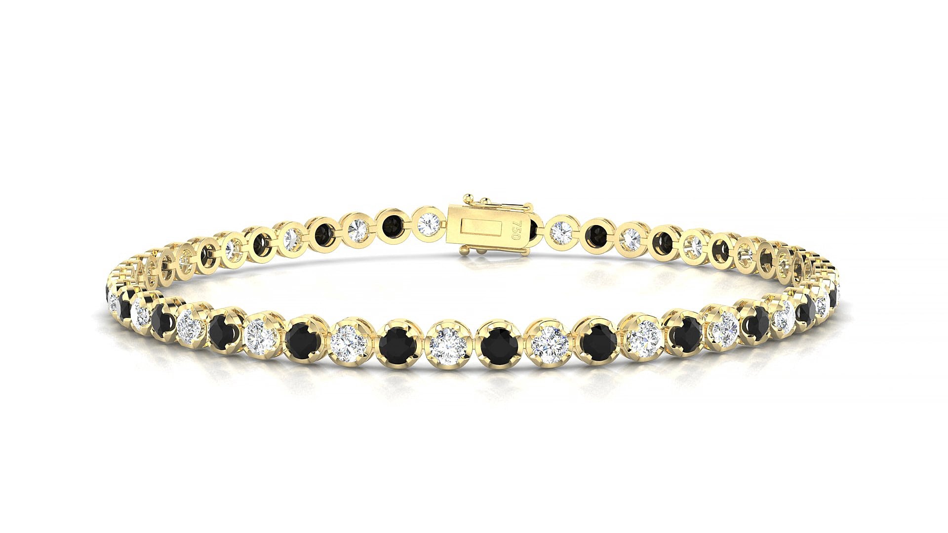 Bengal 1-1 | 18k Yellow Gold 2.5 mm Round Natural Black Diamond & Diamond 15 cm Tennis Bracelet
