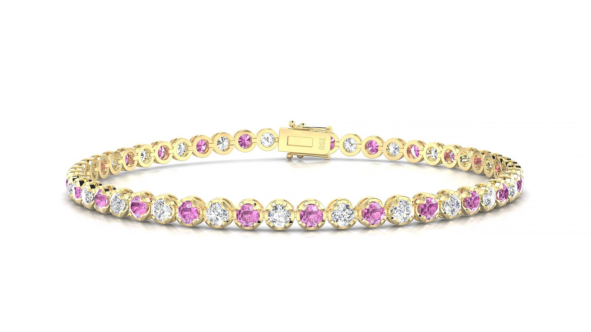 Bengal 1-1 | 18k Yellow Gold 2.5 mm Round Natural Pink Sapphire & Diamond 15 cm Tennis Bracelet