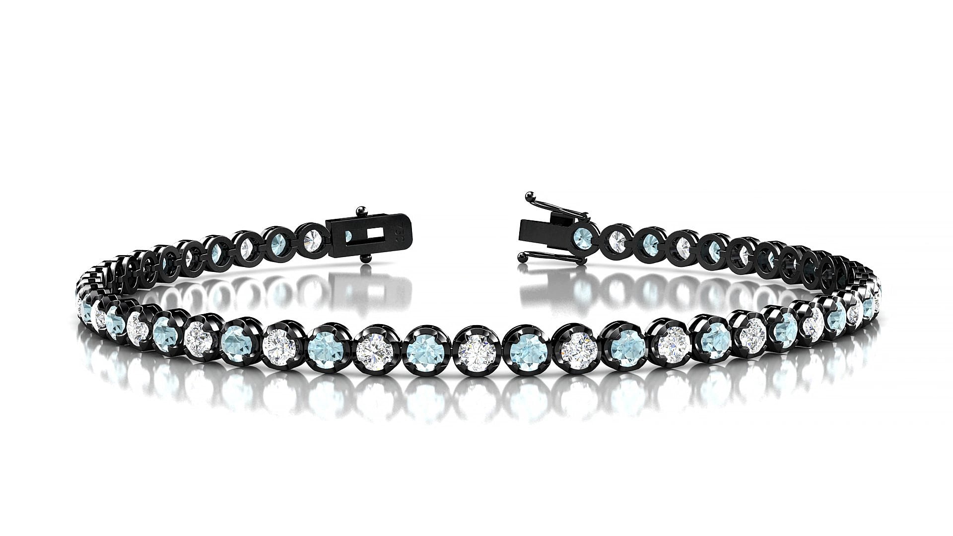 Bengal 1-1 | 18k Black Gold 2.5 mm Round Natural Aquamarine & Diamond 15 cm Tennis Bracelet