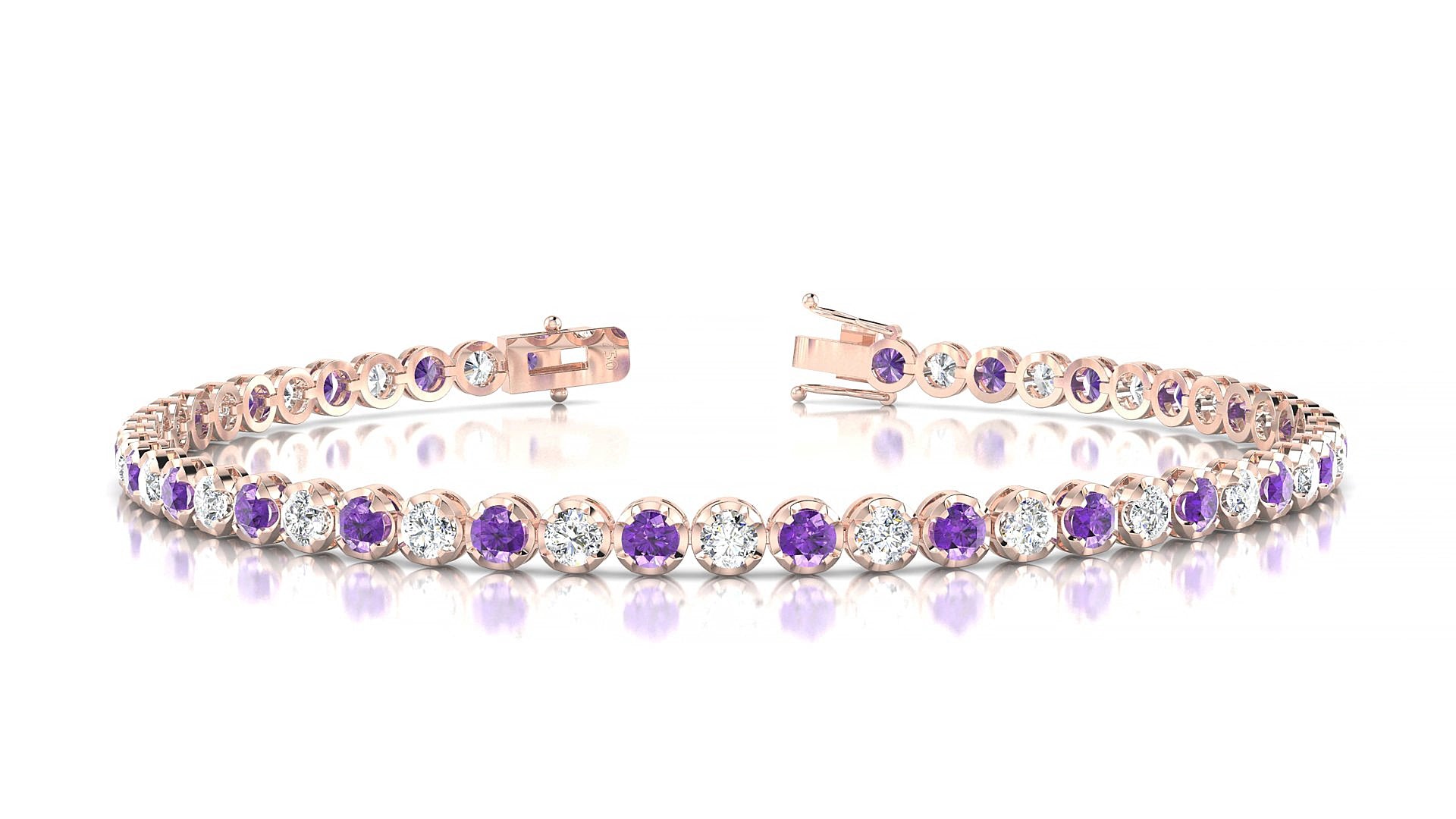 Bengal 1-1 | 18k Rose Gold 2.5 mm Round Natural Amethyst & Diamond 15 cm Tennis Bracelet