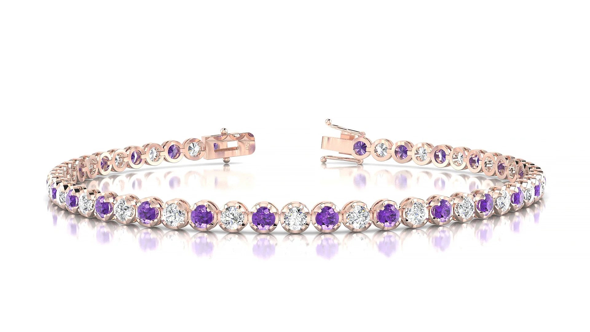 Bengal 1-1 | 18k Rose Gold 2.5 mm Round Natural Amethyst & Diamond Tennis Bracelet
