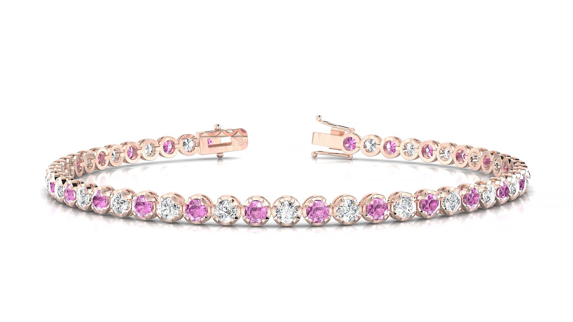 Bengal 1-1 | 18k Rose Gold 2.5 mm Round Natural Pink Sapphire & Diamond 20 cm Tennis Bracelet