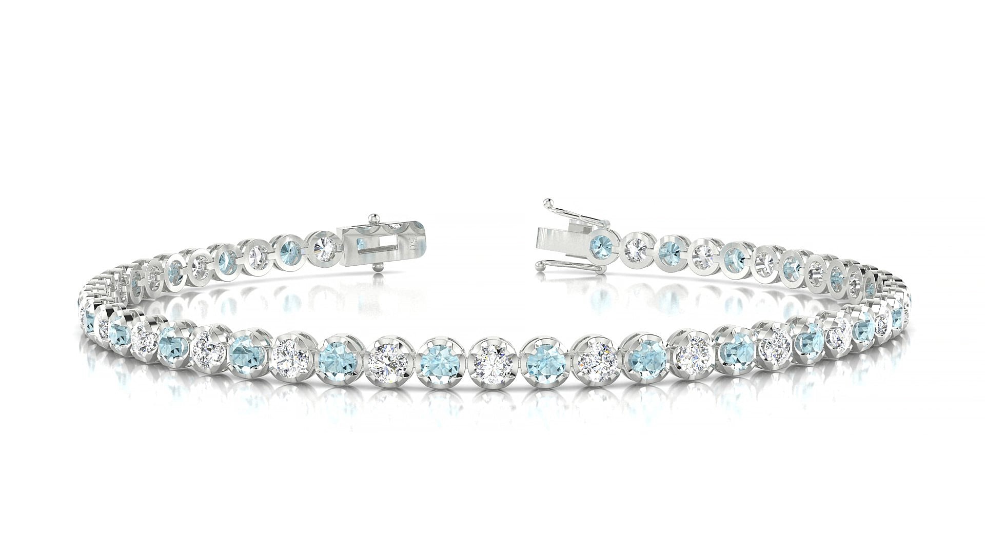 Bengal 1-1 | 18k White Gold 2.5 mm Round Natural Aquamarine & Diamond 15 cm Tennis Bracelet