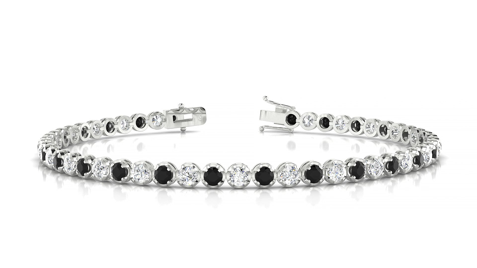 Bengal 1-1 | 18k White Gold 2.5 mm Round Natural Black Diamond & Diamond 15 cm Tennis Bracelet
