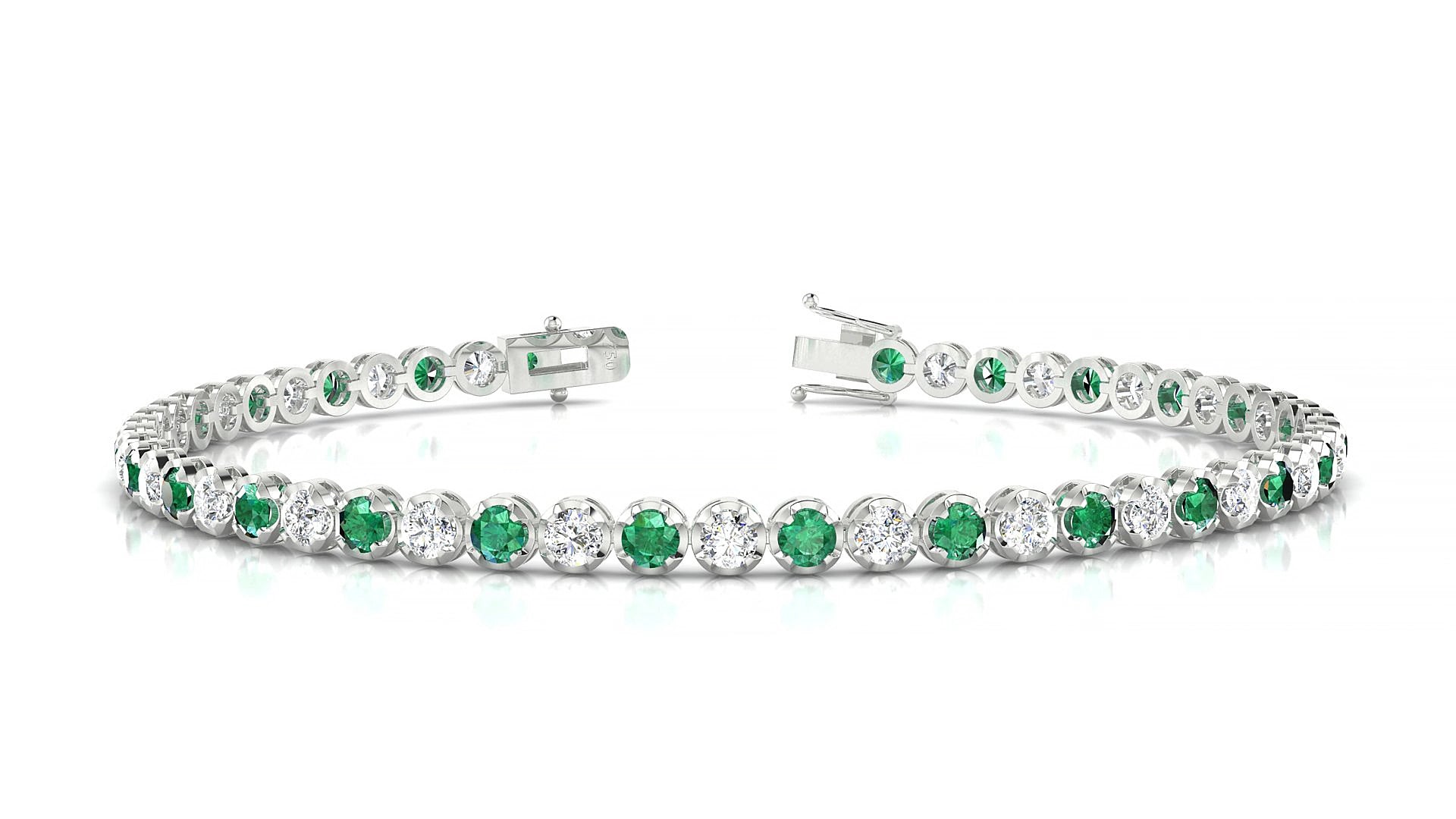 Bengal 1-1 | 18k White Gold 2.5 mm Round Natural Emerald & Diamond 15 cm Tennis Bracelet