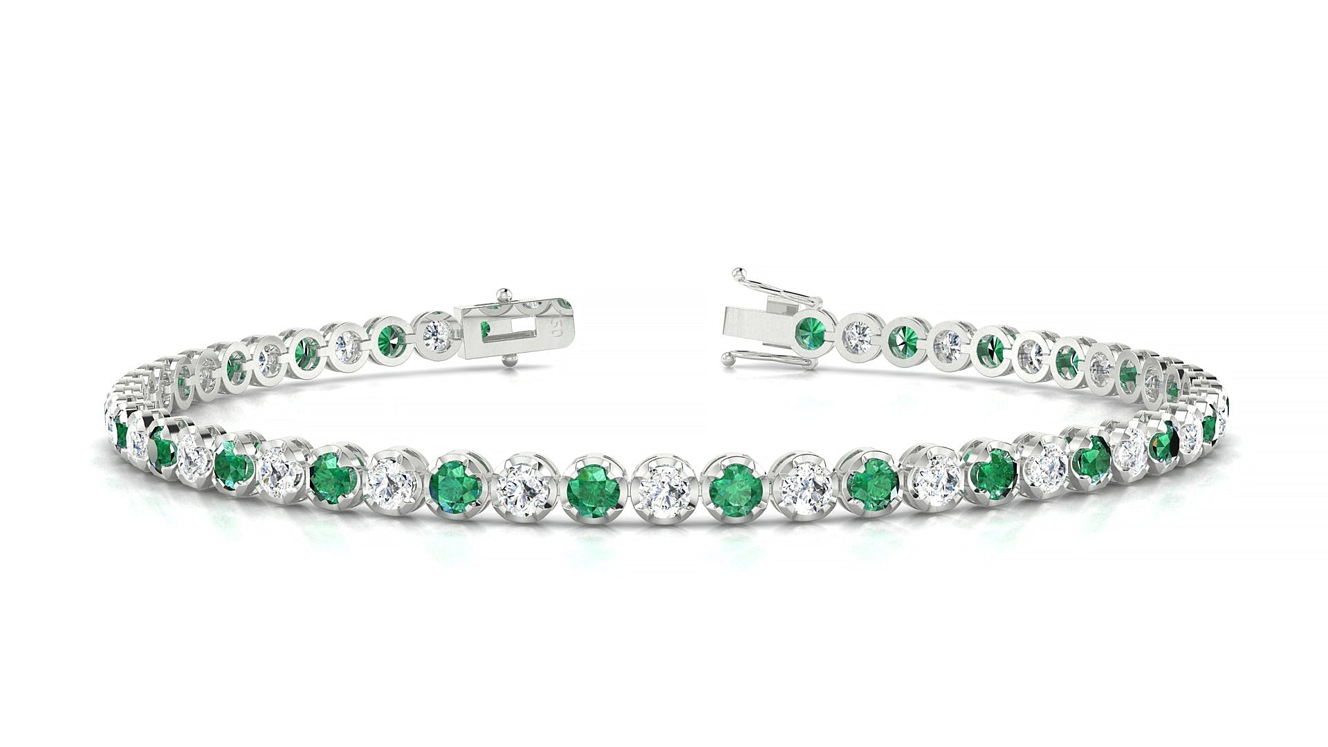 Bengal 1-1 | 18k White Gold 2.5 mm Round Natural Emerald & Diamond Tennis Bracelet