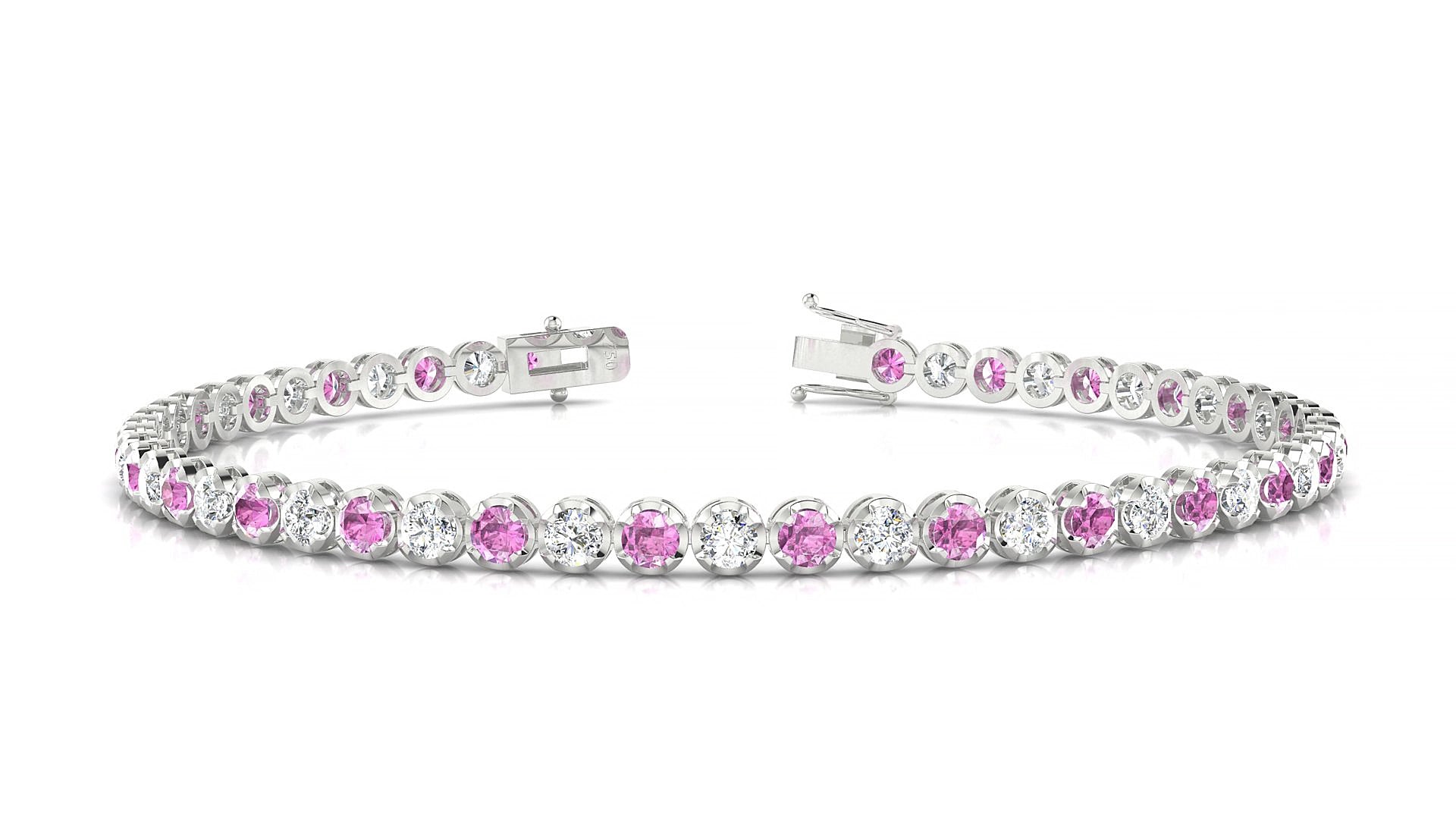 Bengal 1-1 | 18k White Gold 2.5 mm Round Natural Pink Sapphire & Diamond 15 cm Tennis Bracelet