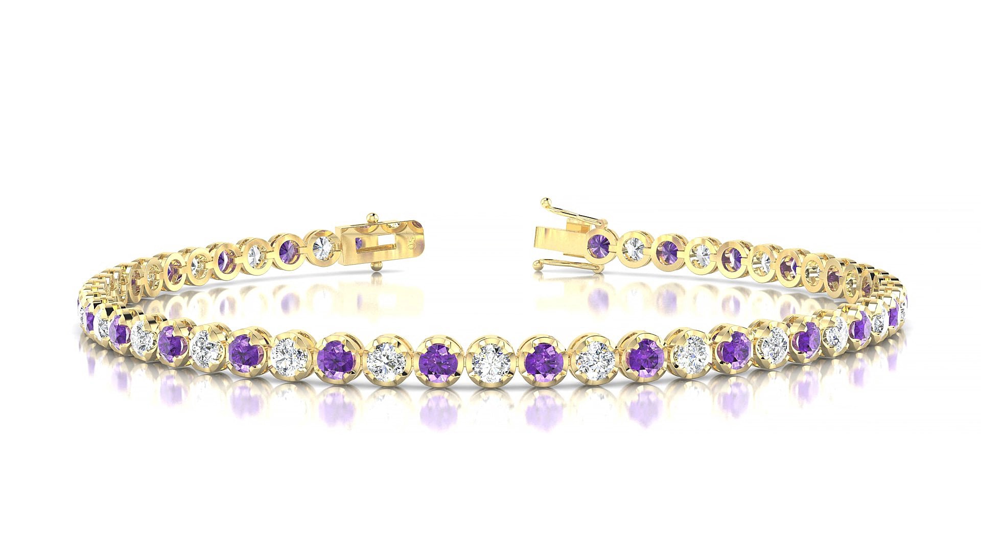 Bengal 1-1 | 18k Yellow Gold 2.5 mm Round Natural Amethyst & Diamond 19 cm Tennis Bracelet