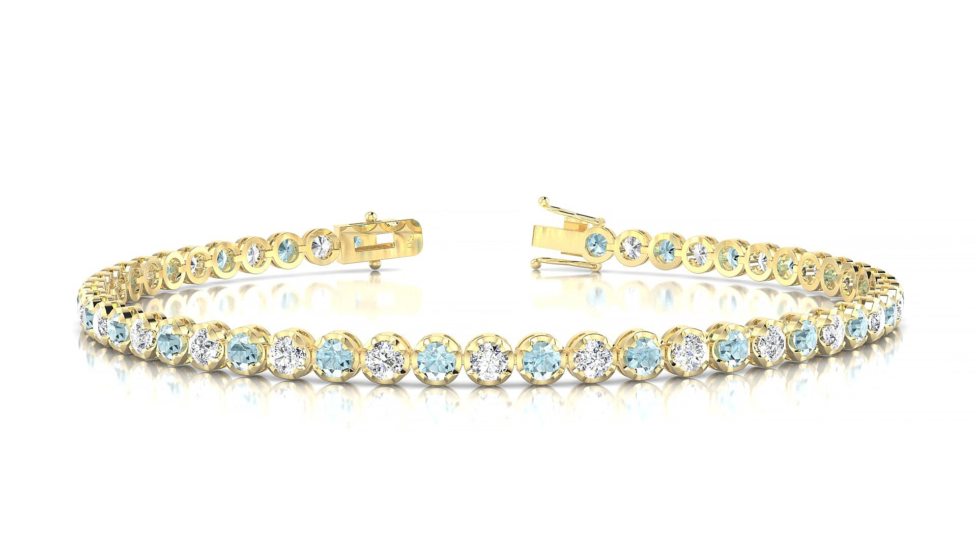 Bengal 1-1 | 18k Yellow Gold 2.5 mm Round Natural Aquamarine & Diamond 15 cm Tennis Bracelet