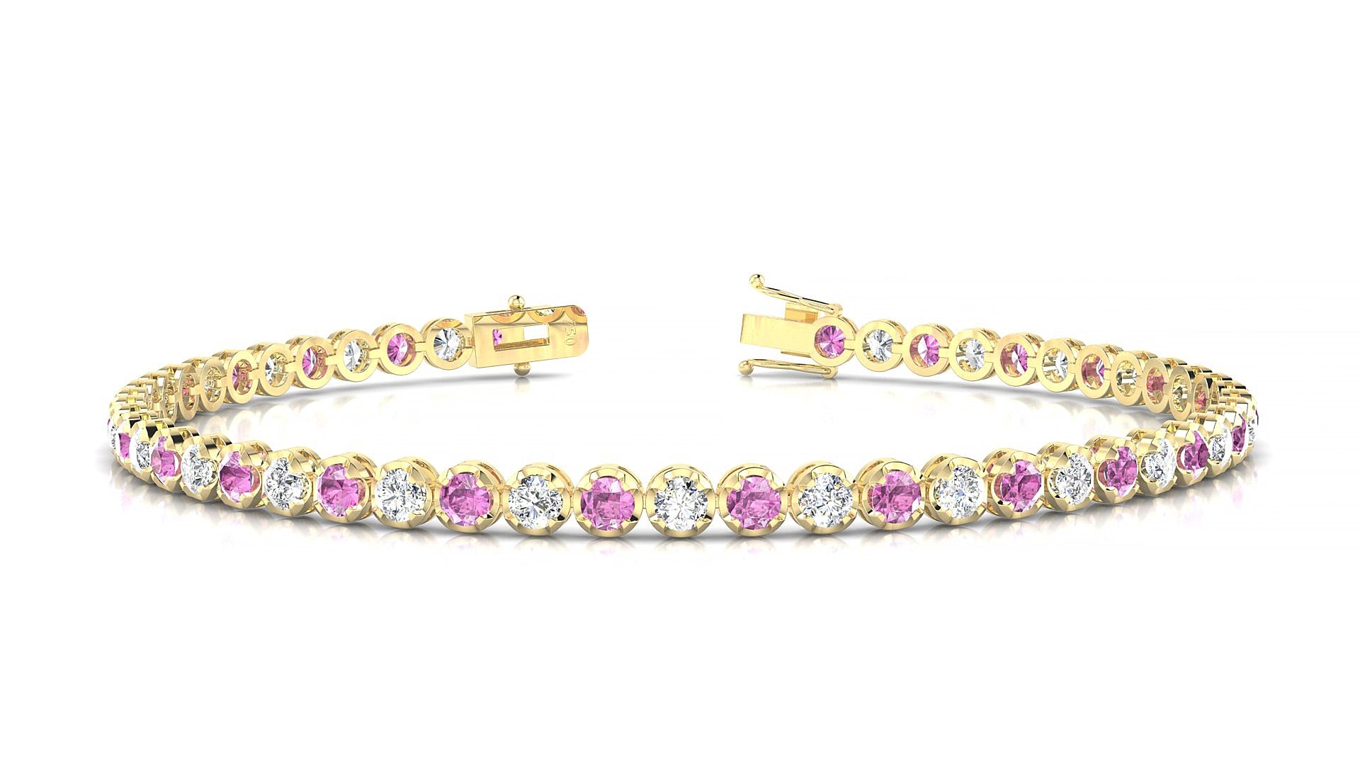 Bengal 1-1 | 18k Yellow Gold 2.5 mm Round Natural Pink Sapphire & Diamond 20 cm Tennis Bracelet
