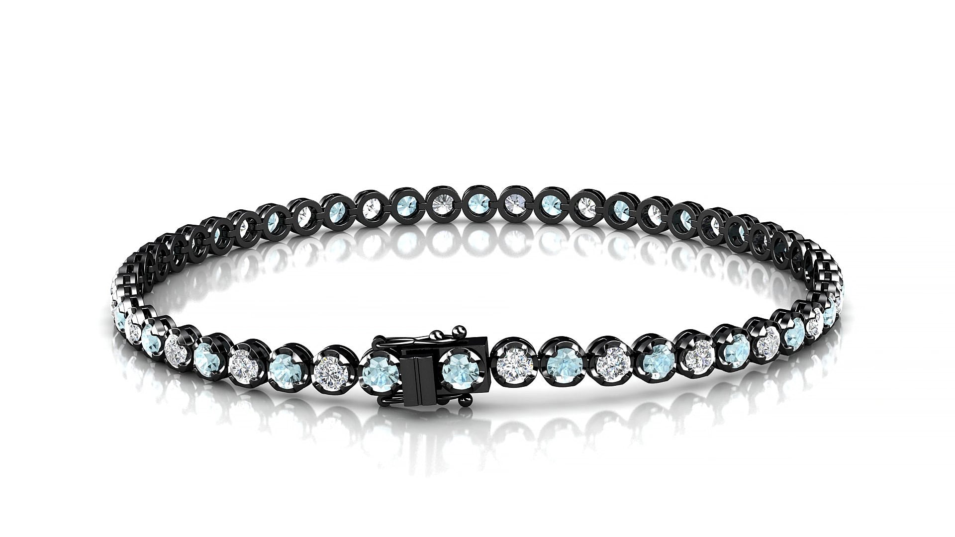 Bengal 1-1 | 18k Black Gold 2.5 mm Round Natural Aquamarine & Diamond 15 cm Tennis Bracelet