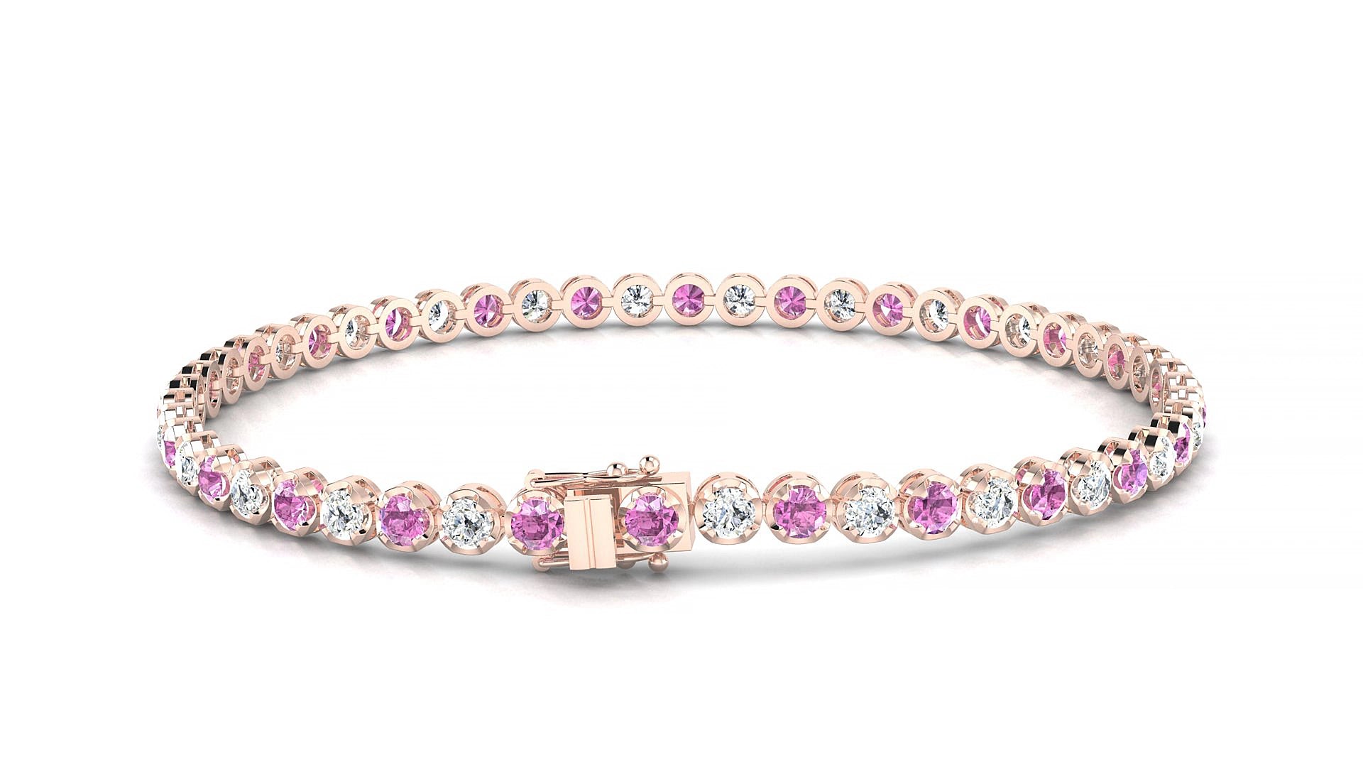 Bengal 1-1 | 18k Rose Gold 2.5 mm Round Natural Pink Sapphire & Diamond 15 cm Tennis Bracelet