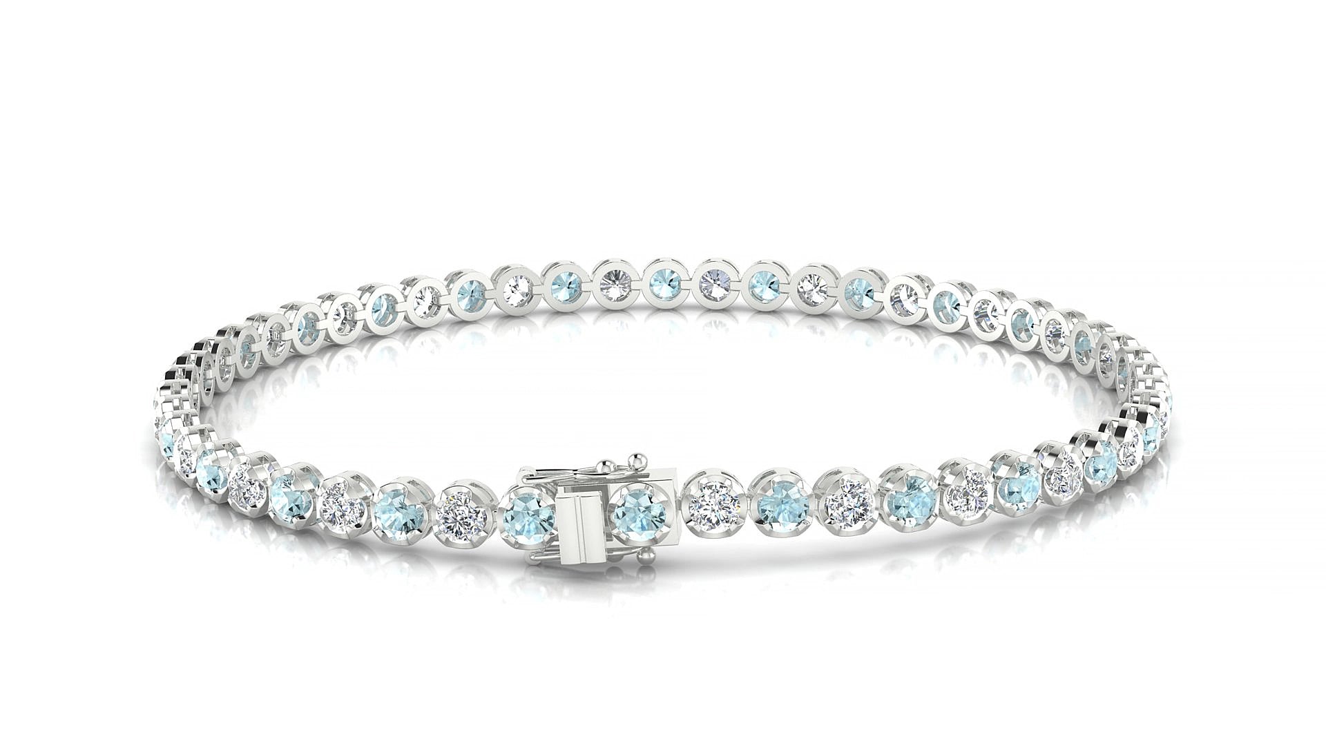 Bengal 1-1 | 18k White Gold 2.5 mm Round Natural Aquamarine & Diamond 17 cm Tennis Bracelet