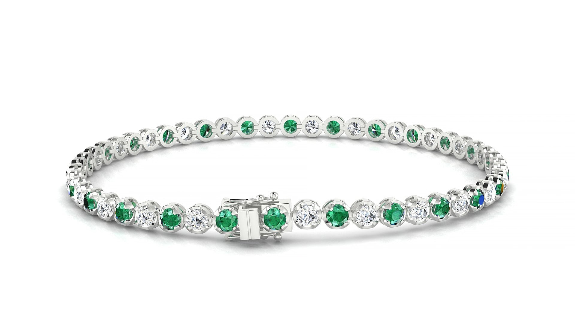 Bengal 1-1 | 18k White Gold 2.5 mm Round Natural Emerald & Diamond 15 cm Tennis Bracelet