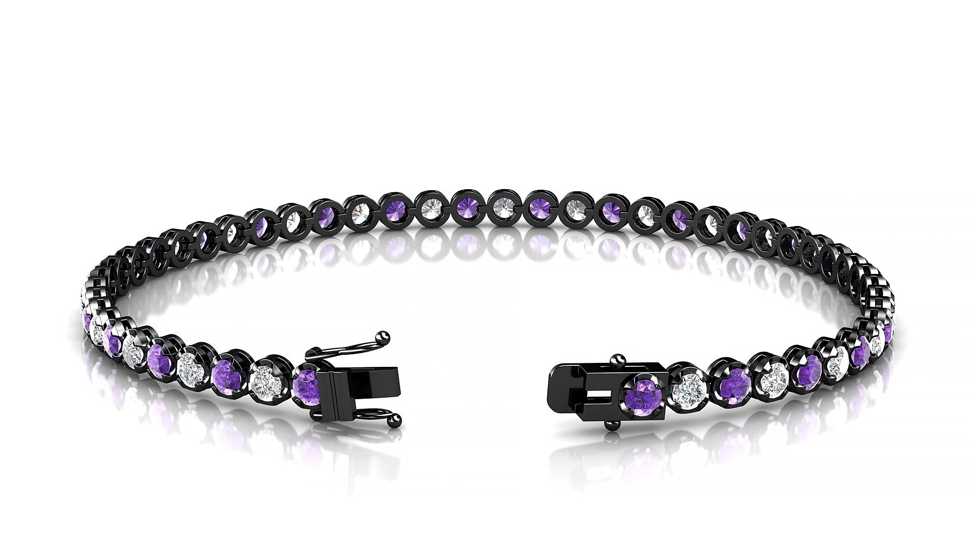 Bengal 1-1 | 18k Black Gold 2.5 mm Round Natural Amethyst & Diamond 18 cm Tennis Bracelet