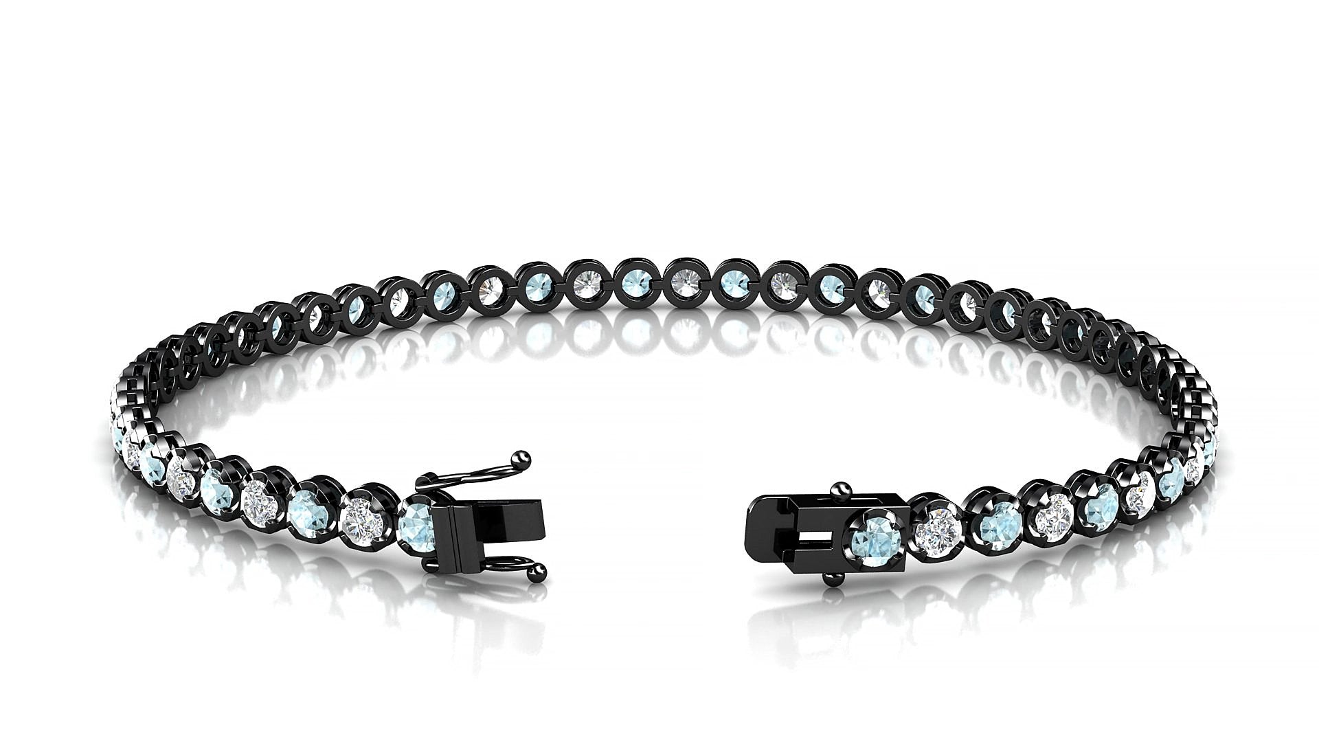 Bengal 1-1 | 18k Black Gold 2.5 mm Round Natural Aquamarine & Diamond 15 cm Tennis Bracelet