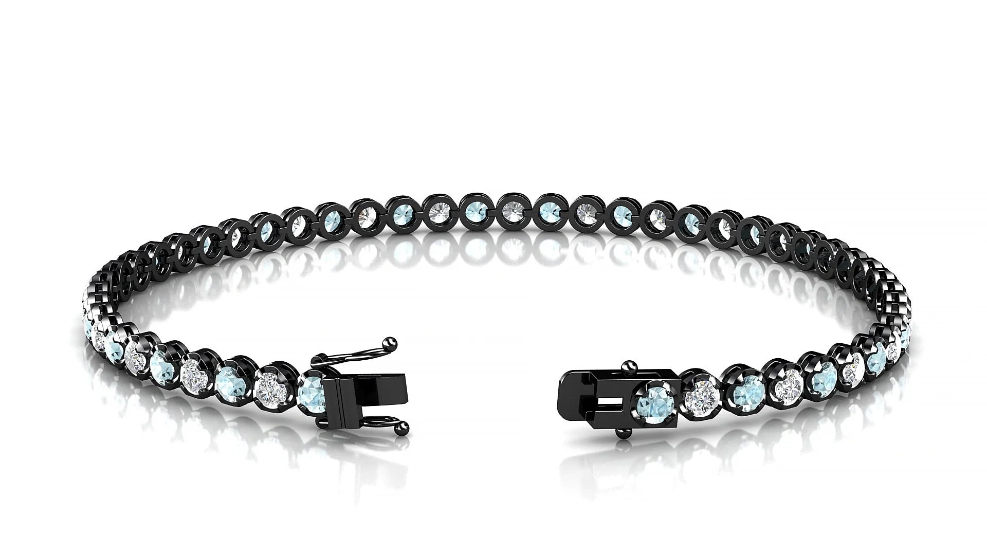 Bengal 1-1 | 18k Black Gold 2.5 mm Round Natural Aquamarine & Diamond Tennis Bracelet