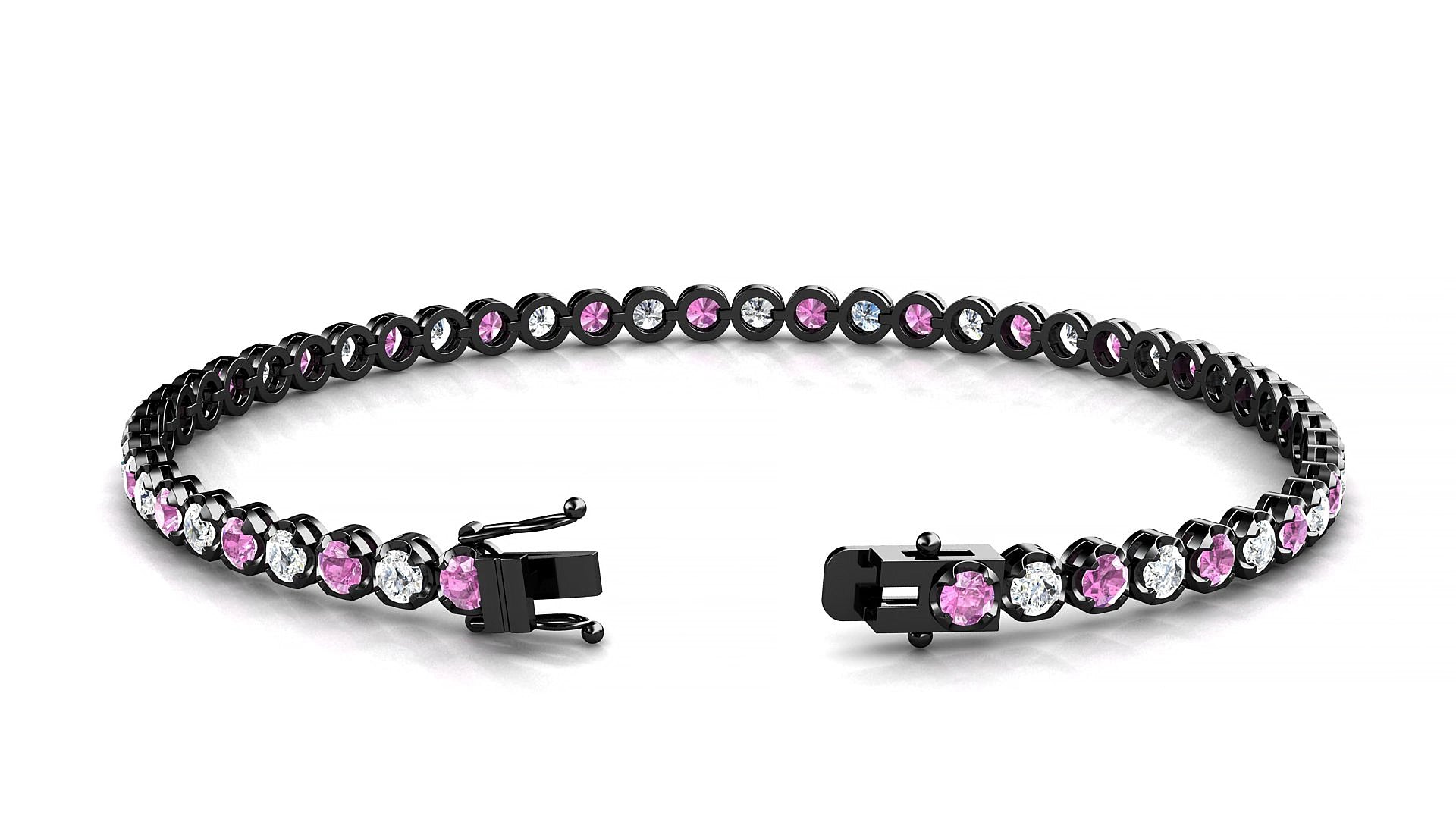 Bengal 1-1 | 18k Black Gold 2.5 mm Round Natural Pink Sapphire & Diamond 15 cm Tennis Bracelet