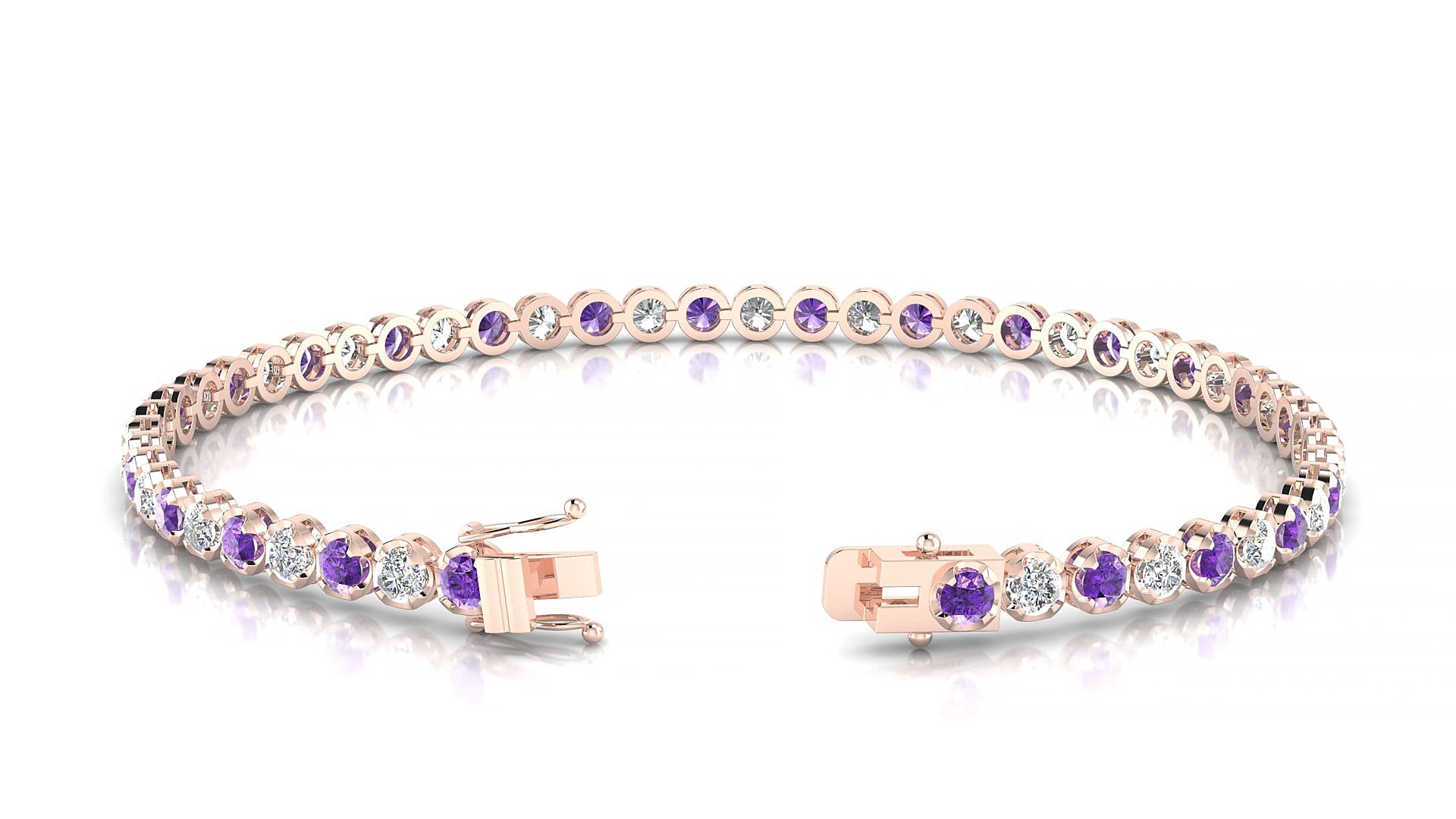 Bengal 1-1 | 18k Rose Gold 2.5 mm Round Natural Amethyst & Diamond 17 cm Tennis Bracelet