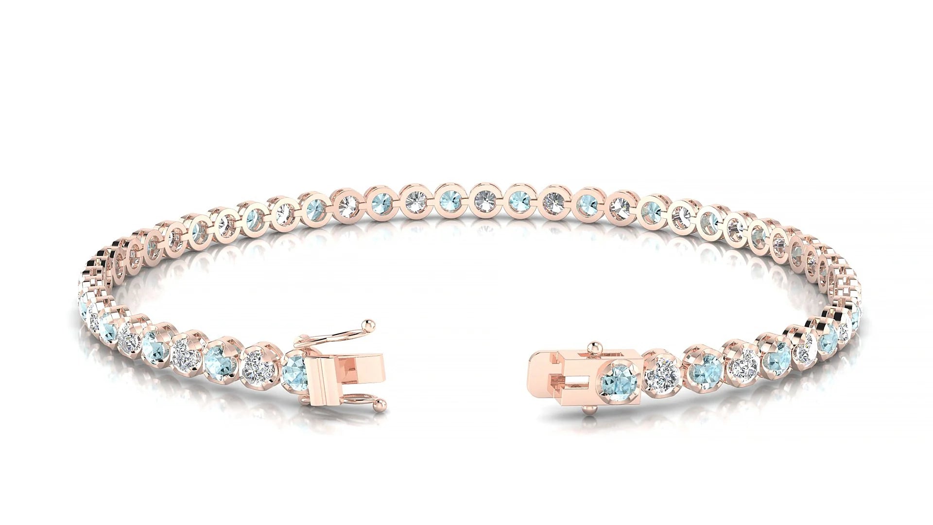 Bengal 1-1 | 18k Rose Gold 2.5 mm Round Natural Aquamarine & Diamond Tennis Bracelet