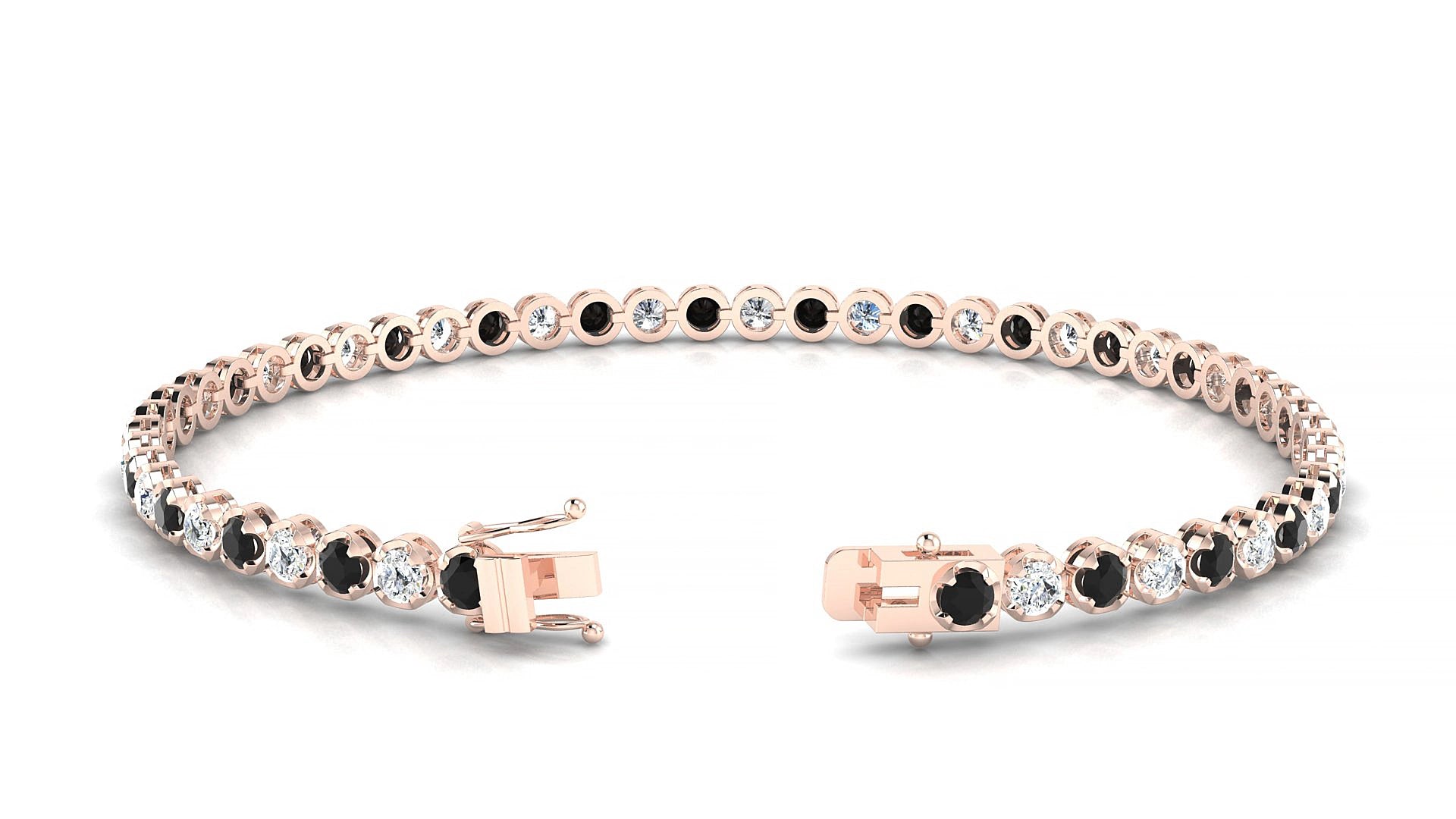 Bengal 1-1 | 18k Rose Gold 2.5 mm Round Natural Black Diamond & Diamond 20 cm Tennis Bracelet