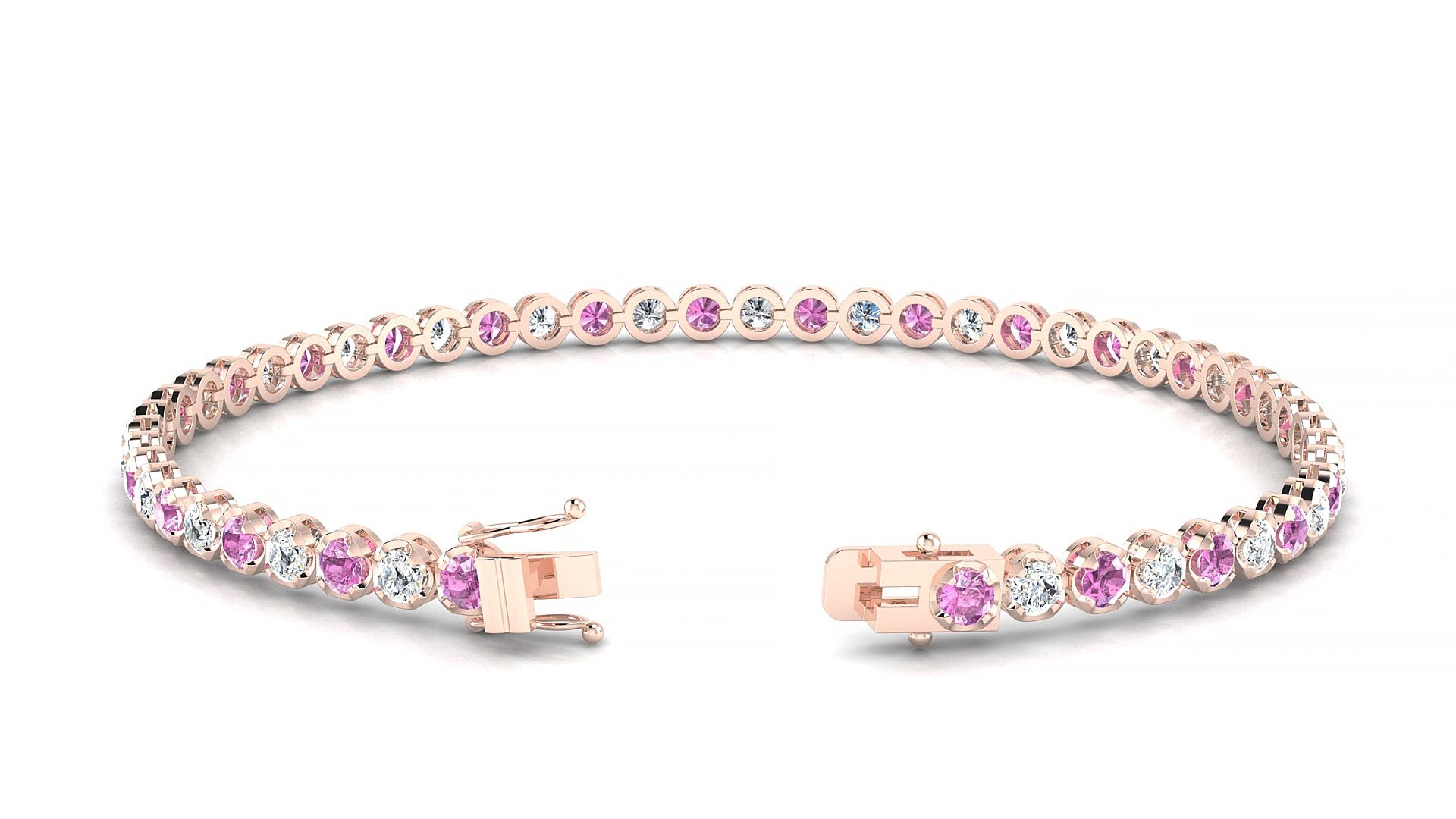 Bengal 1-1 | 18k Rose Gold 2.5 mm Round Natural Pink Sapphire & Diamond 15 cm Tennis Bracelet