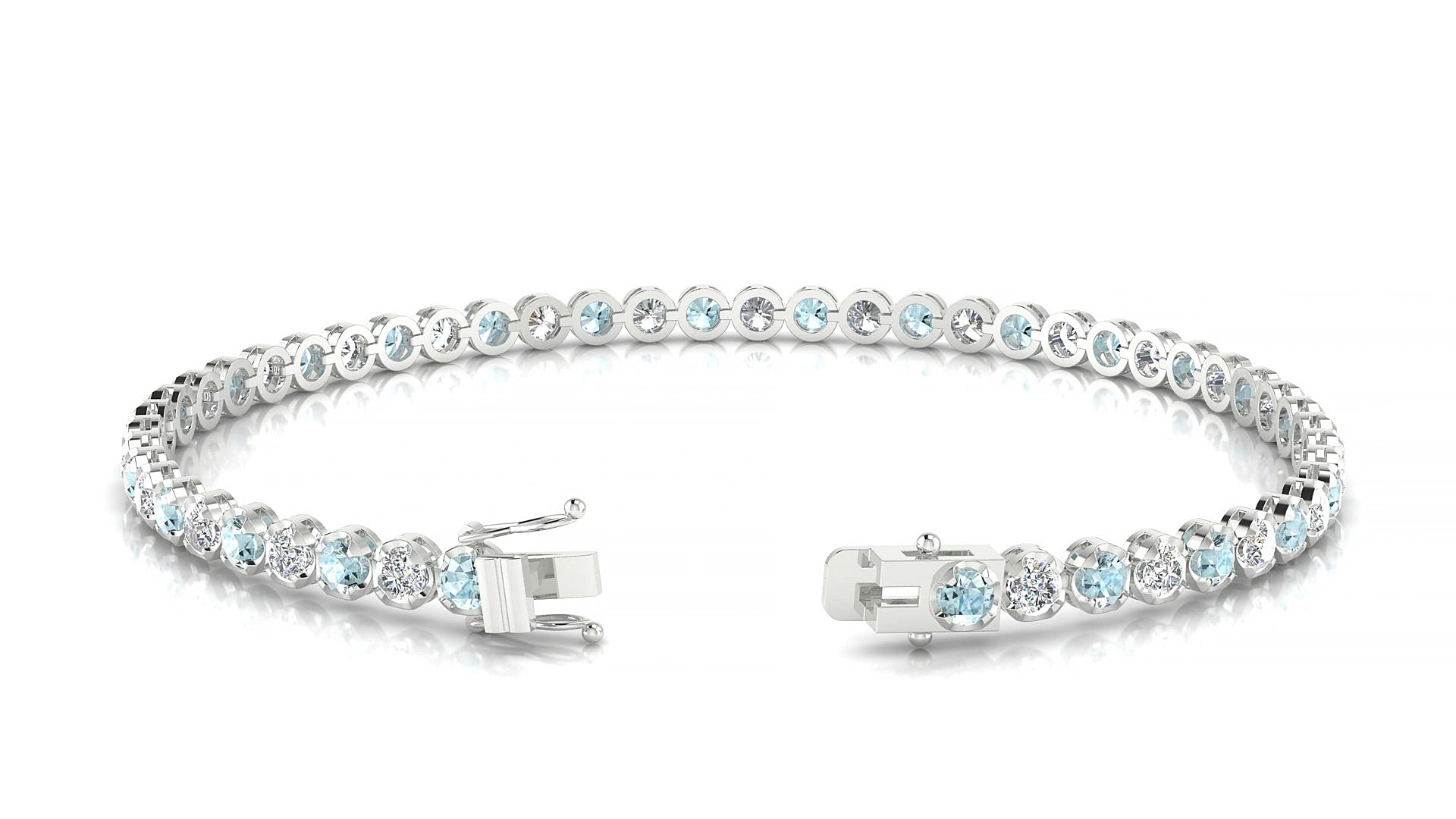 Bengal 1-1 | 18k White Gold 2.5 mm Round Natural Aquamarine & Diamond 15 cm Tennis Bracelet