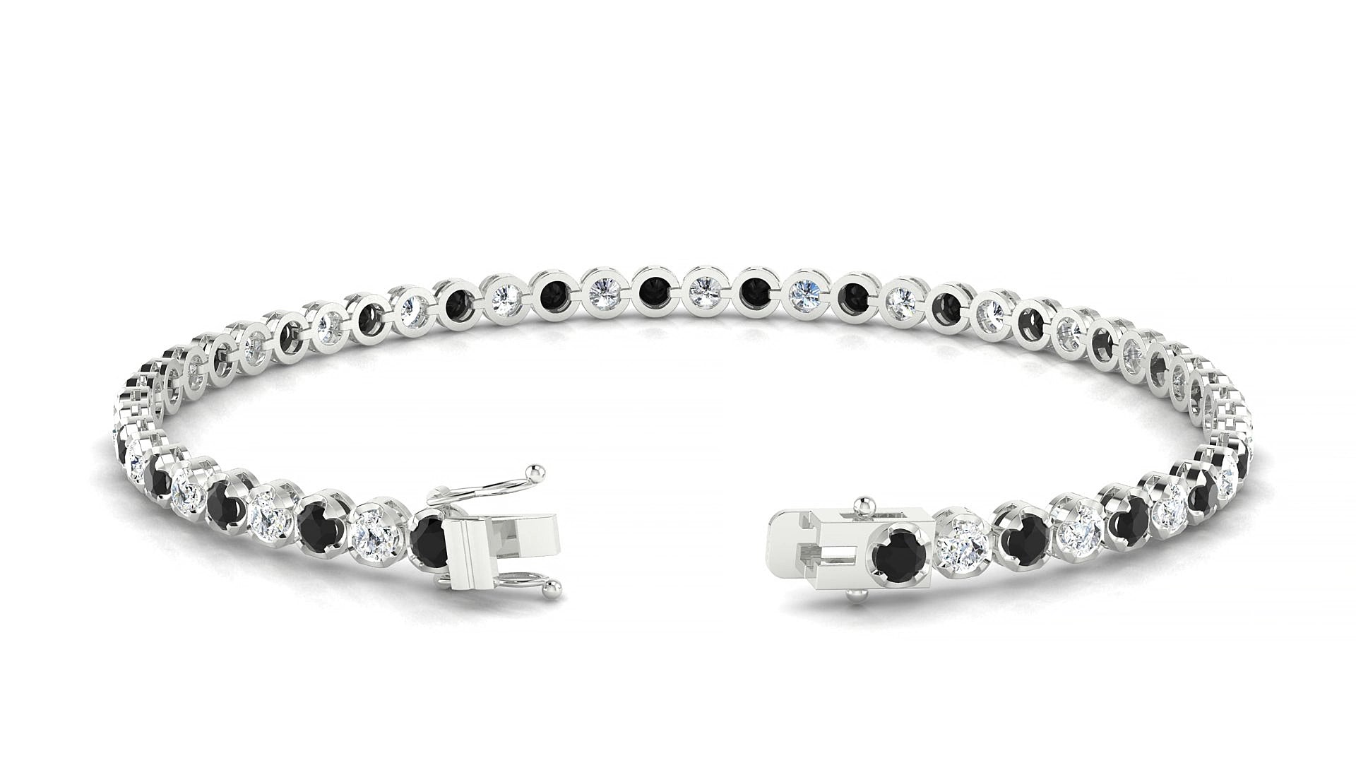 Bengal 1-1 | 18k White Gold 2.5 mm Round Natural Black Diamond & Diamond 15 cm Tennis Bracelet