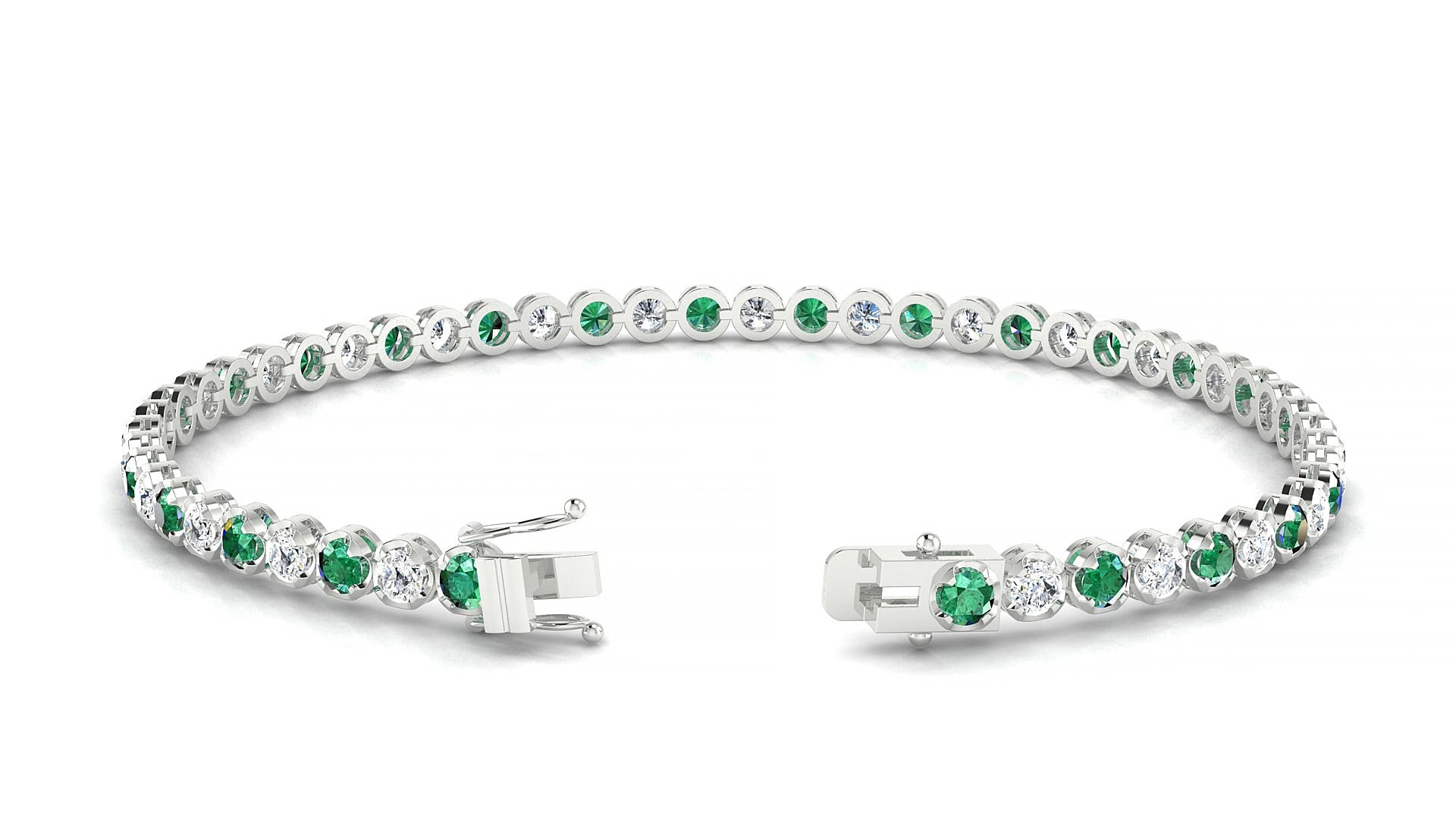 Bengal 1-1 | 18k White Gold 2.5 mm Round Natural Emerald & Diamond 15 cm Tennis Bracelet