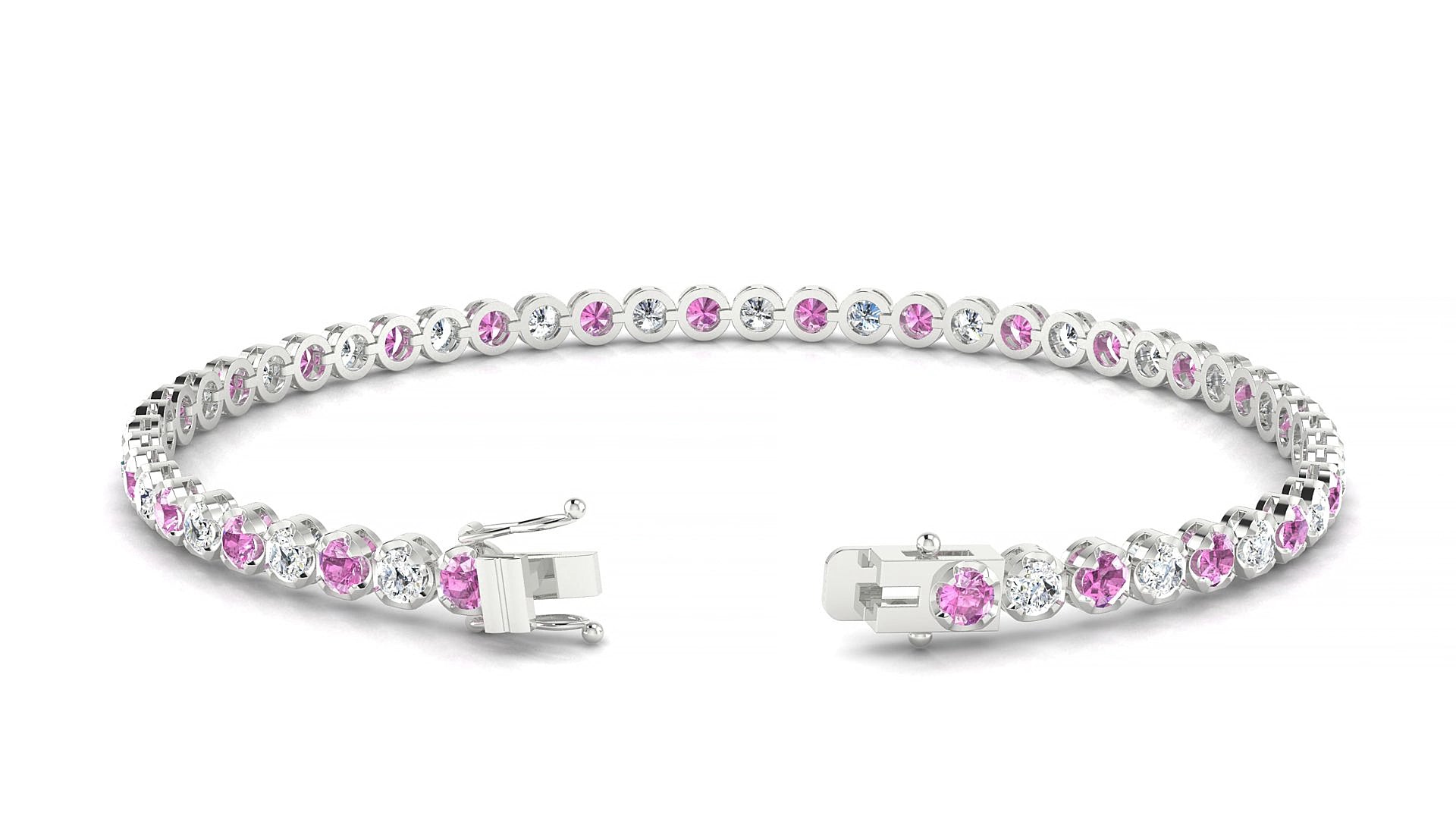 Bengal 1-1 | 18k White Gold 2.5 mm Round Natural Pink Sapphire & Diamond 20 cm Tennis Bracelet