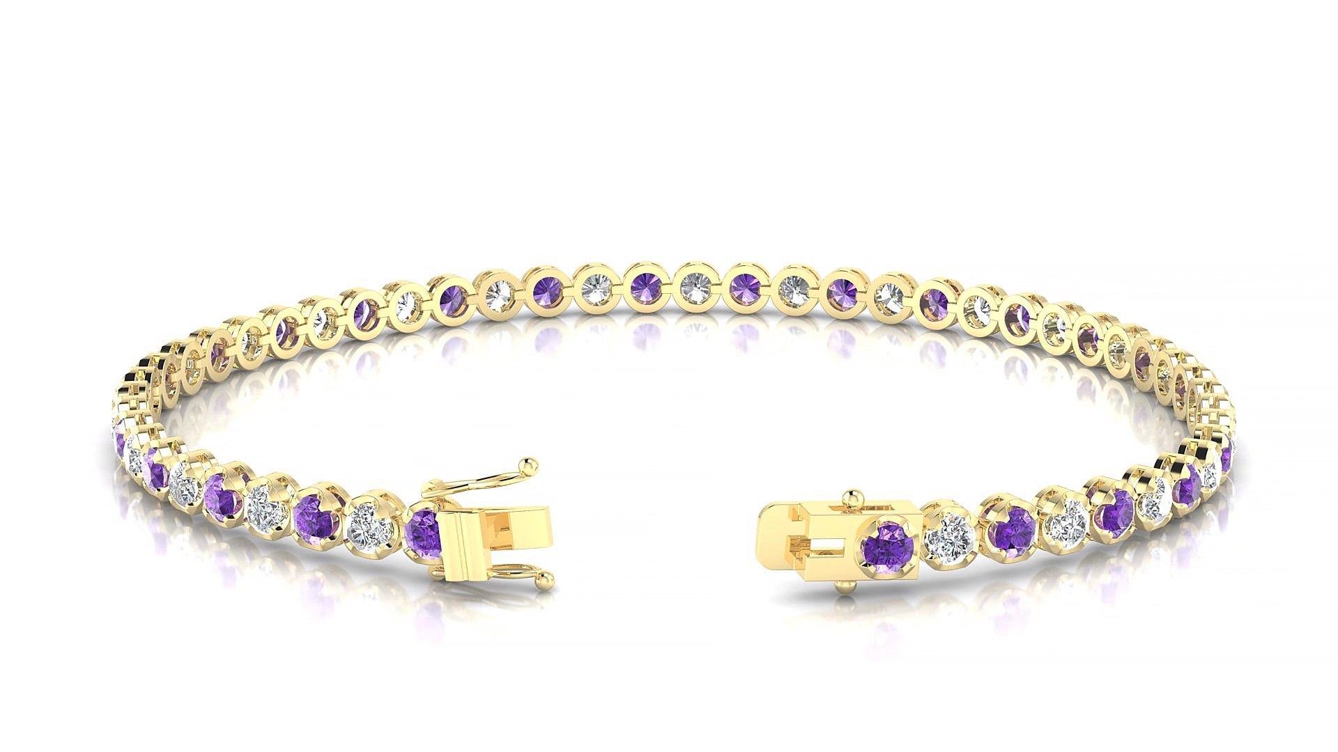 Bengal 1-1 | 18k Yellow Gold 2.5 mm Round Natural Amethyst & Diamond 19 cm Tennis Bracelet