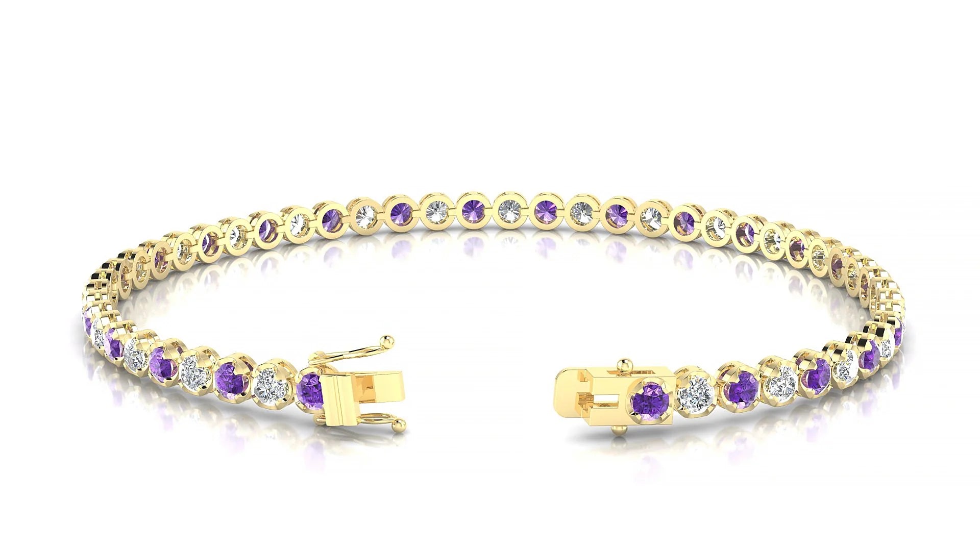 Bengal 1-1 | 18k Yellow Gold 2.5 mm Round Natural Amethyst & Diamond Tennis Bracelet