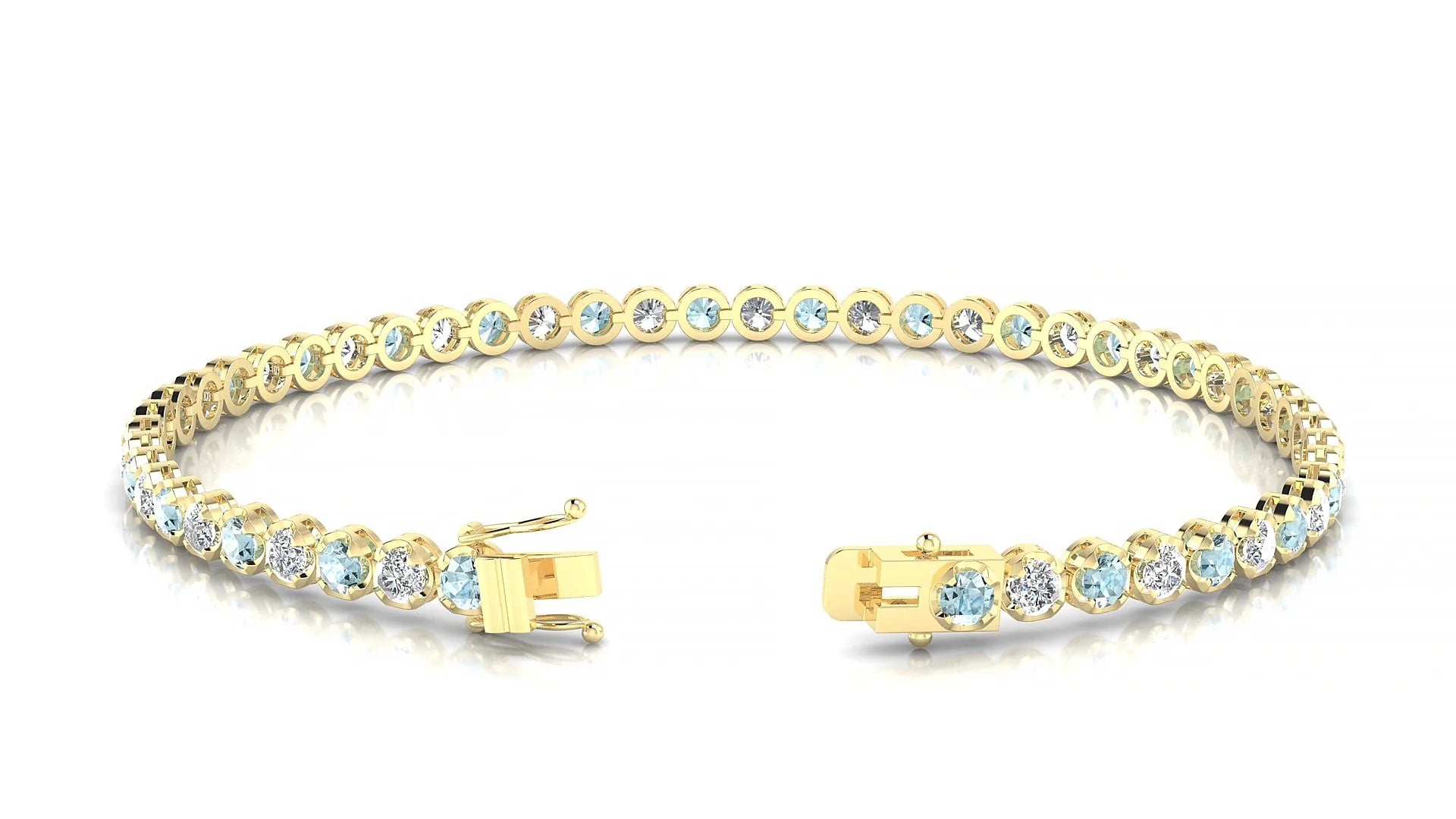 Bengal 1-1 | 18k Yellow Gold 2.5 mm Round Natural Aquamarine & Diamond Tennis Bracelet