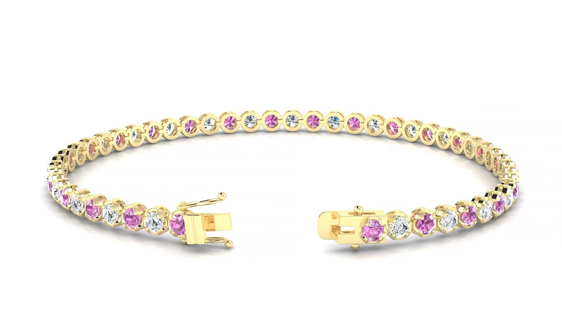 Bengal 1-1 | 18k Yellow Gold 2.5 mm Round Natural Pink Sapphire & Diamond 15 cm Tennis Bracelet