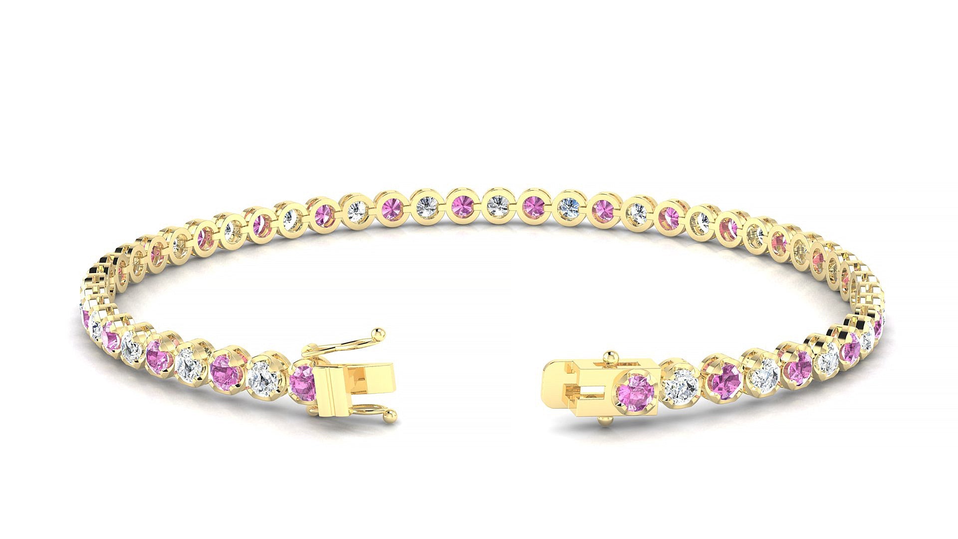 Bengal 1-1 | 18k Yellow Gold 2.5 mm Round Natural Pink Sapphire & Diamond Tennis Bracelet