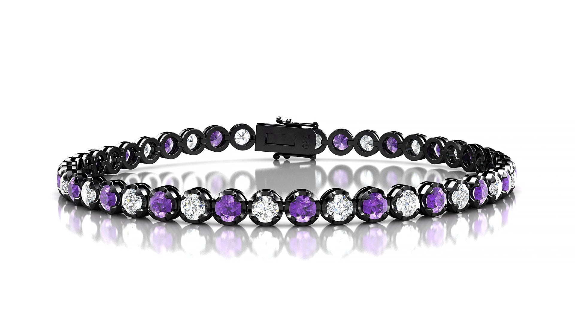 Bengal 1-1 | 18k Black Gold 3 mm Round Natural Amethyst & Diamond 16 cm Tennis Bracelet