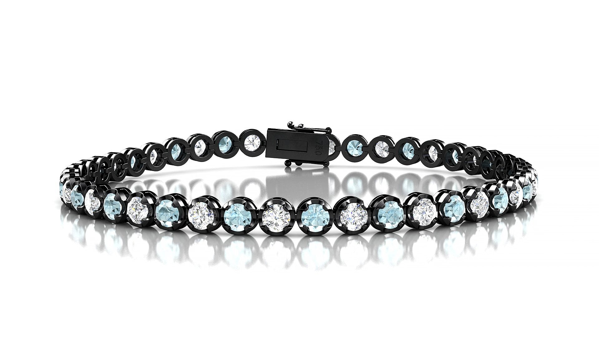 Bengal 1-1 | 18k Black Gold 3 mm Round Natural Aquamarine & Diamond 15 cm Tennis Bracelet