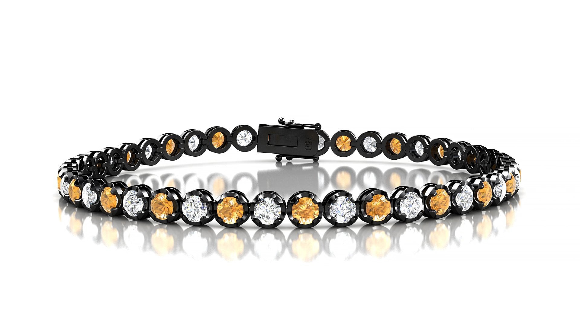 Bengal 1-1 | 18k Black Gold 3 mm Round Natural Citrine & Diamond 15 cm Tennis Bracelet